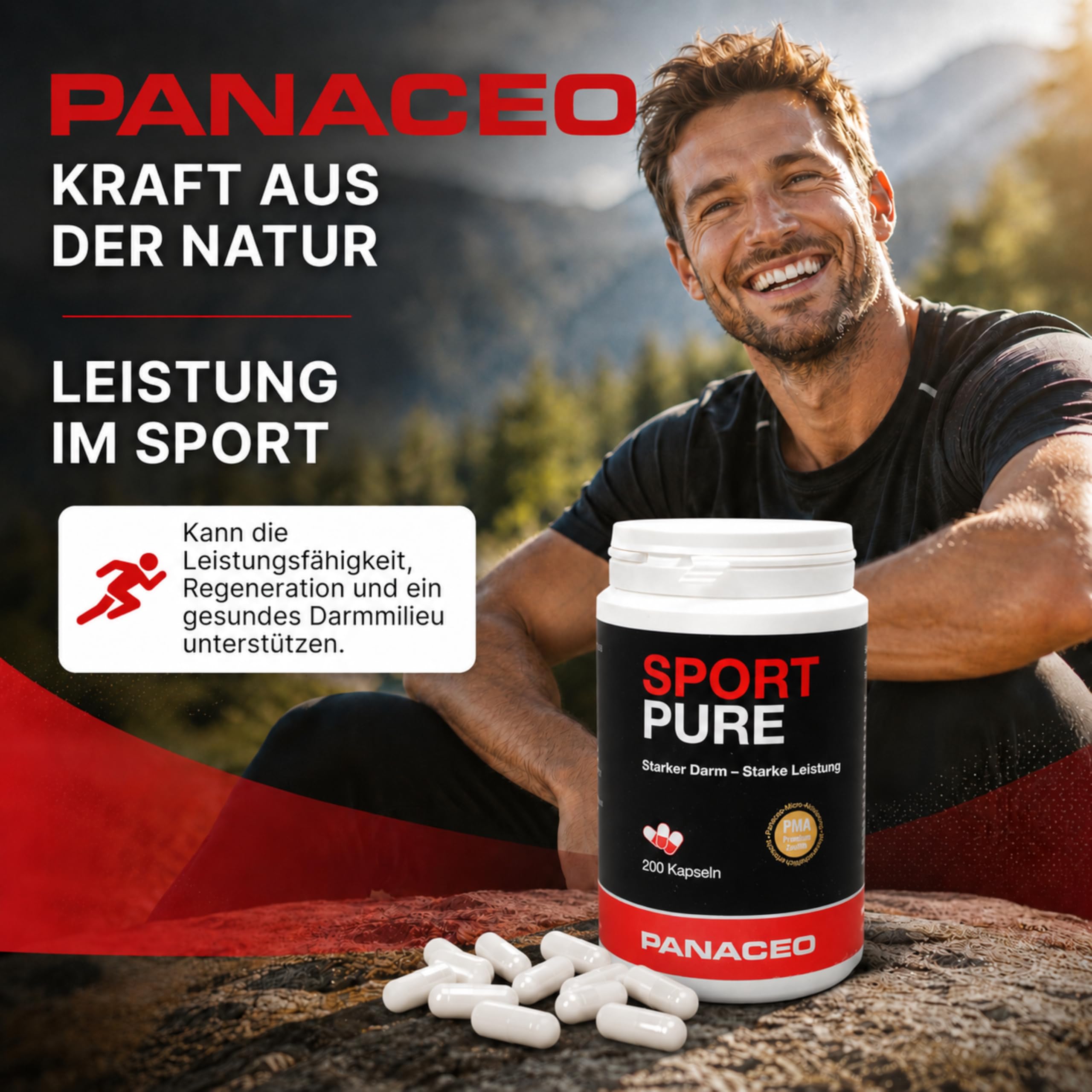 PANACEO Sport Pure – 100% PMA Zeolith 200 Kapseln – Ergänzungsmittel zur Optimierung der Leistungsfähigkeit & Regeneration – Stärkt den Magen-Darm-Trakt, das Immunsystem & reduziert die Laktabelastung