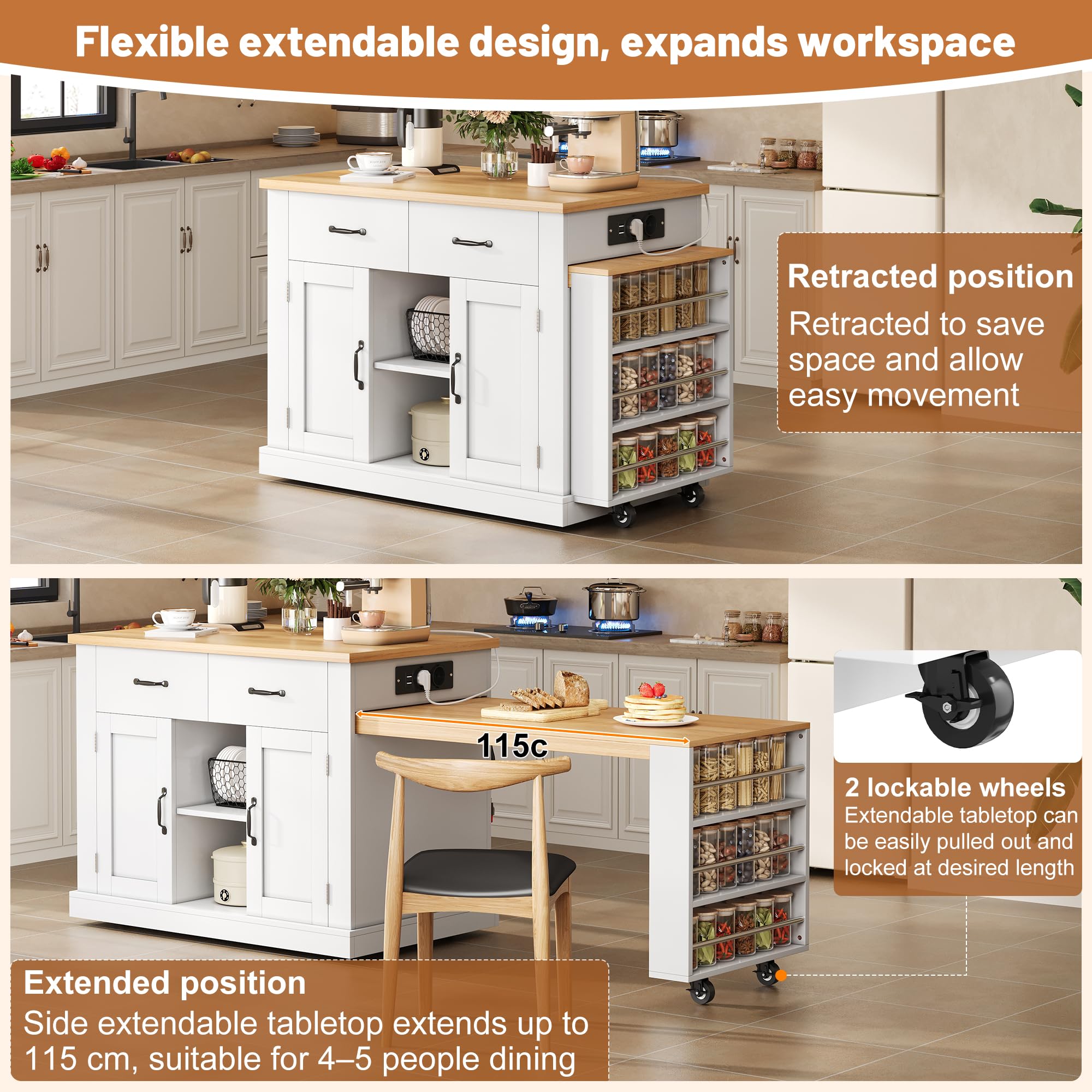 Isola da cucina con due piani di lavoro estensibili, elegante isola mobile, ripiani regolabili, 142 (massimo 340 cm) x 55 x 93 cm, adatta per cucina, sala da pranzo, soggiorno, ecc., bianco