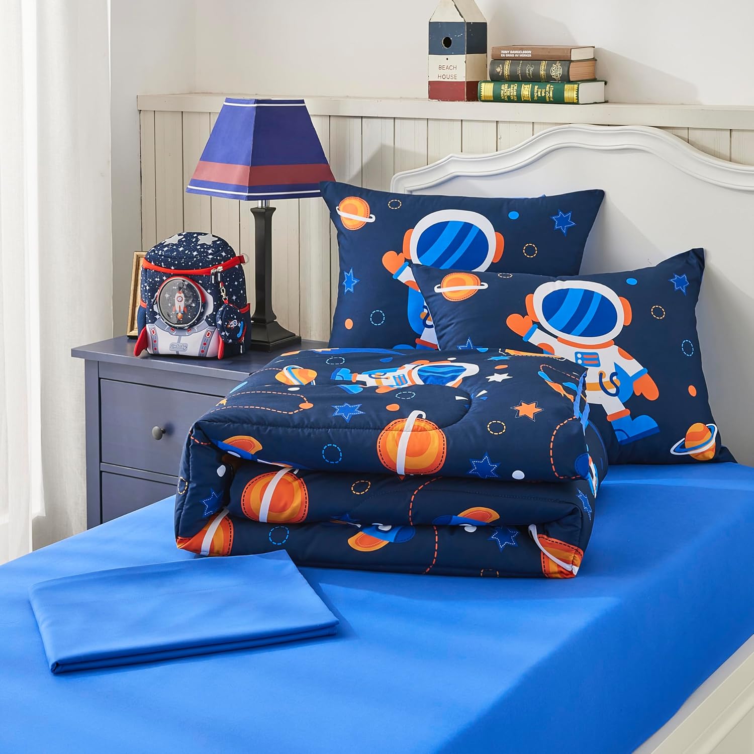 Seward Park Twin XL Bedding Set with Sheet, Space Rocket, Kids Teen Bed in a Bag, Dorm Comforter Sets, Astronaut Navy 5 Pieces