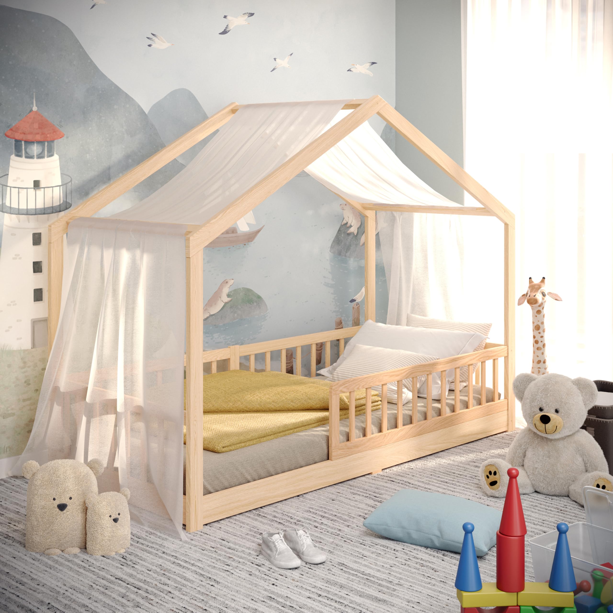 CADANI Hausbett Malte – Hausbett Natur (90x200 cm) mit Montessori-Design und Roll-Lattenrost