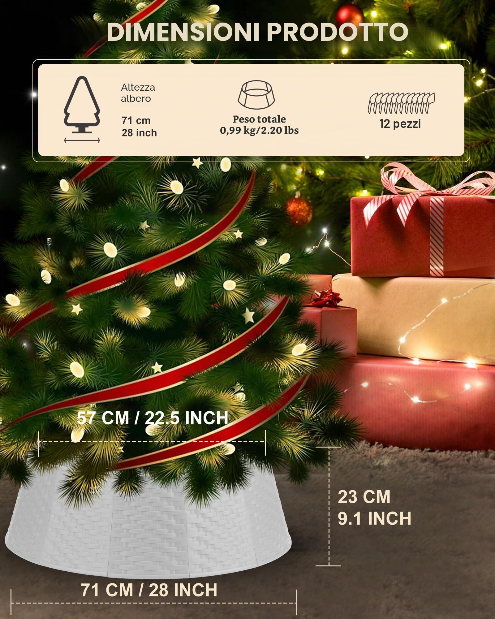 Copri Albero di Natale Base: Gonna per Albero Christmas Tree Skirt Collar in Plastica - 71cm Diametro Fondo - Simple Bianco