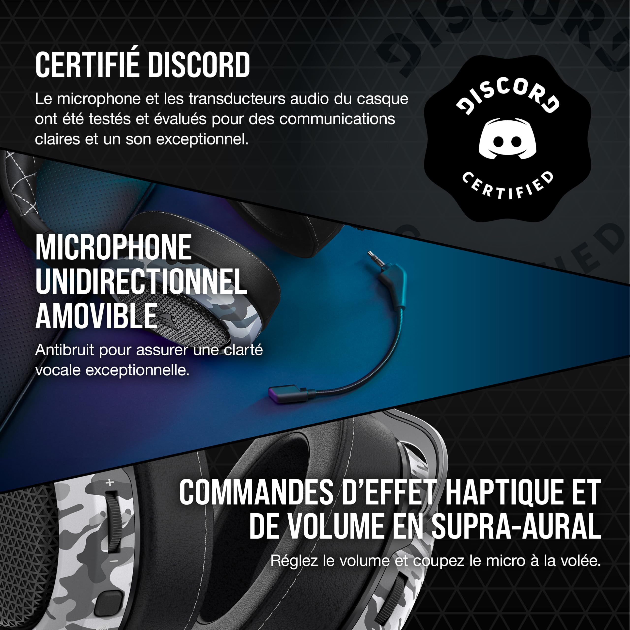 Corsair HS60 HAPTIC Casque Gaming Stéréo avec Basse Haptique (Basse Haptique Optimisée par Taction Technology, Oreillettes Rembourrées de Mousse à Mémoire, Microphone Amovible) Camo
