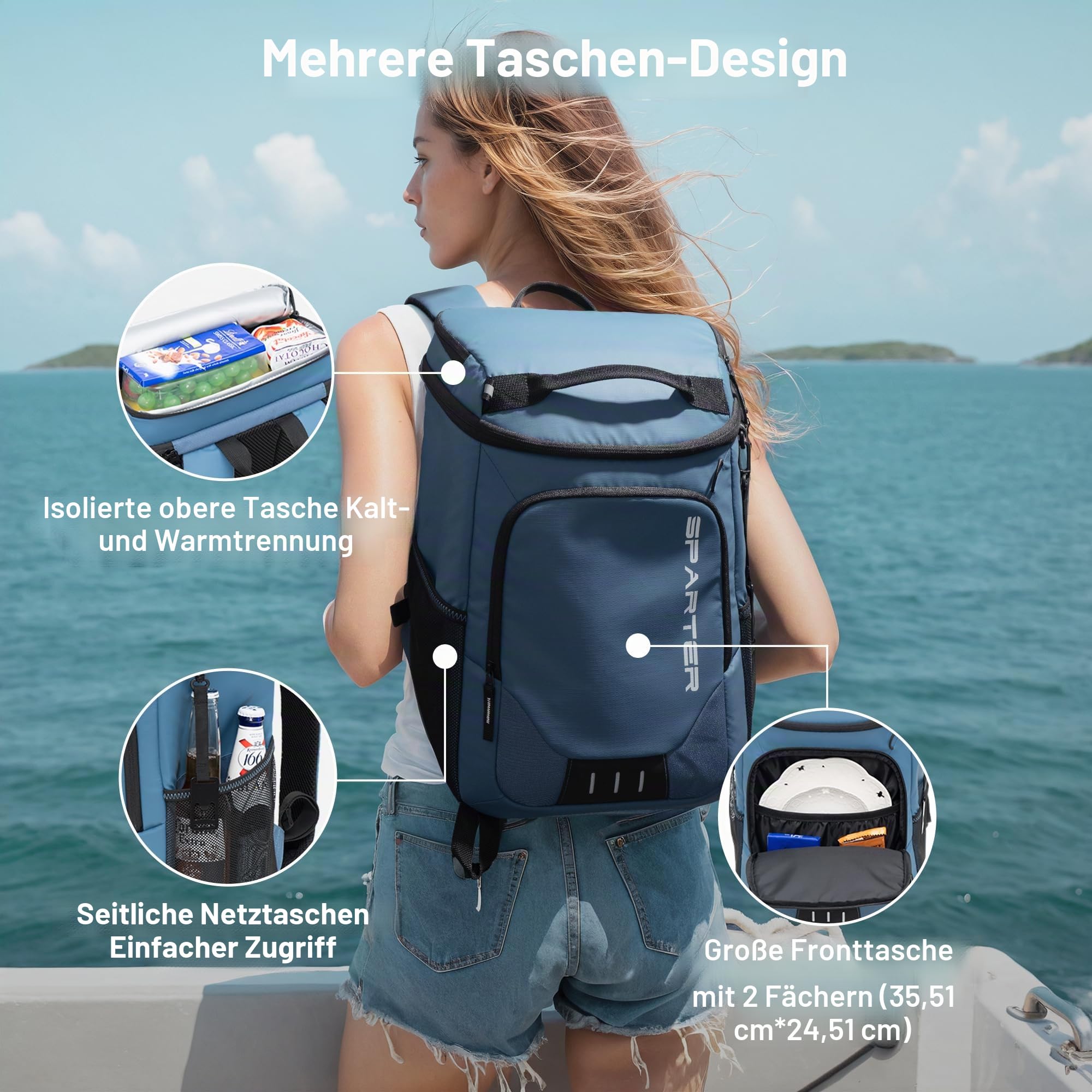SPARTER Rucksack-Kühler, isoliert, auslaufsicher, 33 Dosen, wasserdicht, leicht, isoliert, Eistruhe, tragbare weiche Kühltasche für Strand, Reisen, Camping, Mittagessen