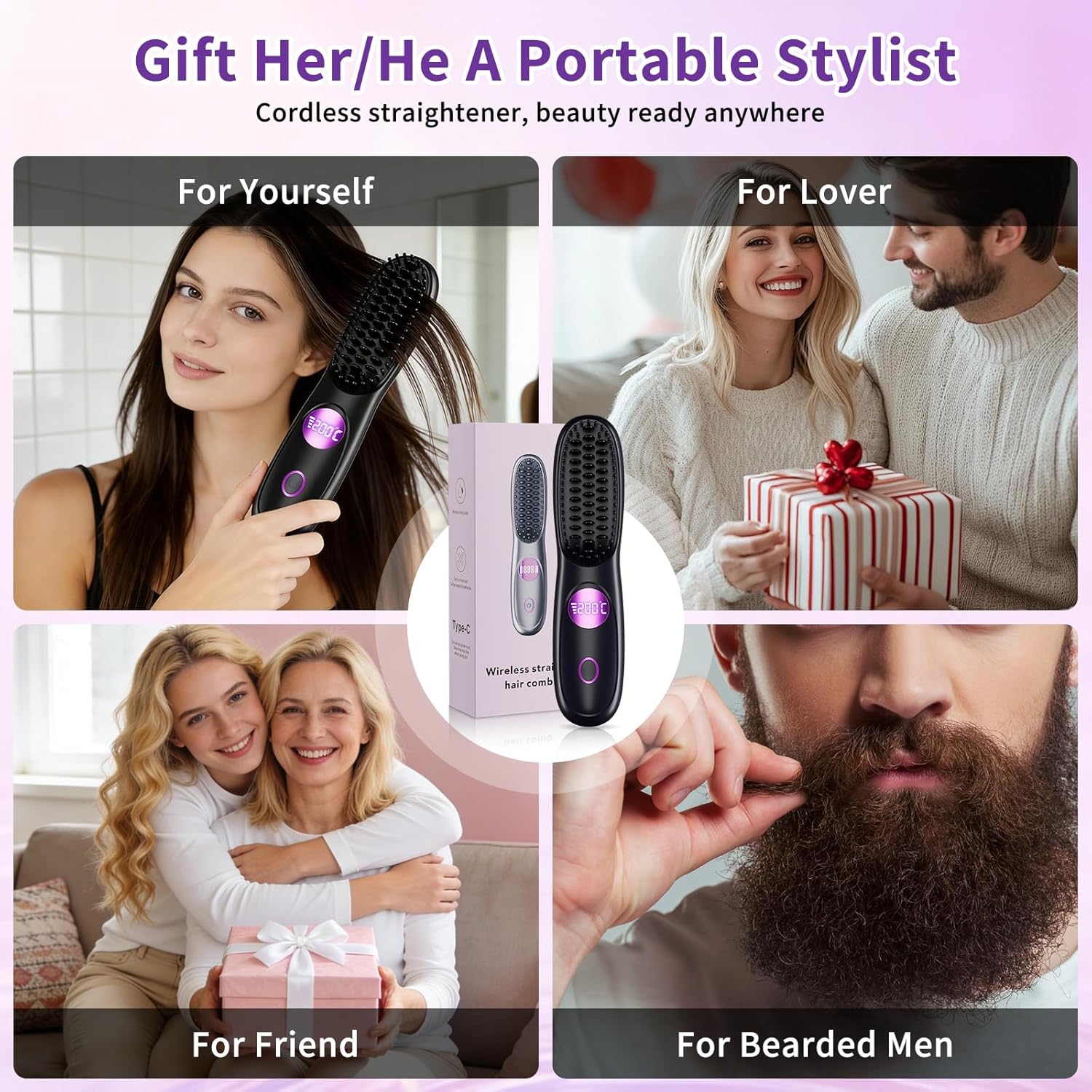 Cordless Hair Straightener Brush, Portable Hair Straightening Brush for Travel with Dense Bristles, 3 Temps Fast Heating, LCD Temperature Display, Touch Up On-The-Go, Fast Heating,for All Hair Types