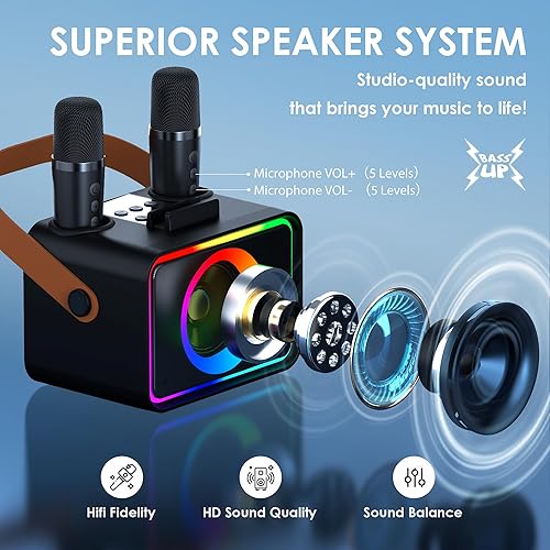 Miniatura 2 de Máquina de karaoke, altavoz Bluetooth portátil con 2 micrófonos inalámbricos para adultos y niños con luces LED, micrófono de karaoke con sistema PA