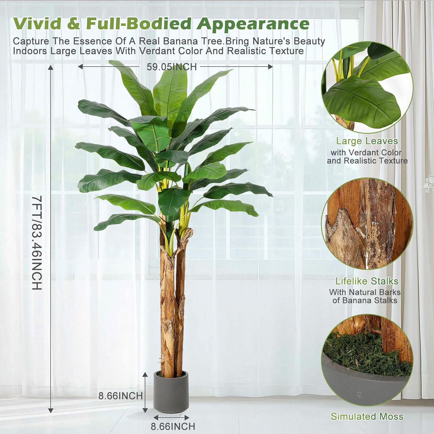 GarveeHome Artificial Banana Tree, 7 ft Faux Banana Tree with Grey Planter, Artificial Plants with 24 Faux Banana Leaves Plant for Home Office Decor