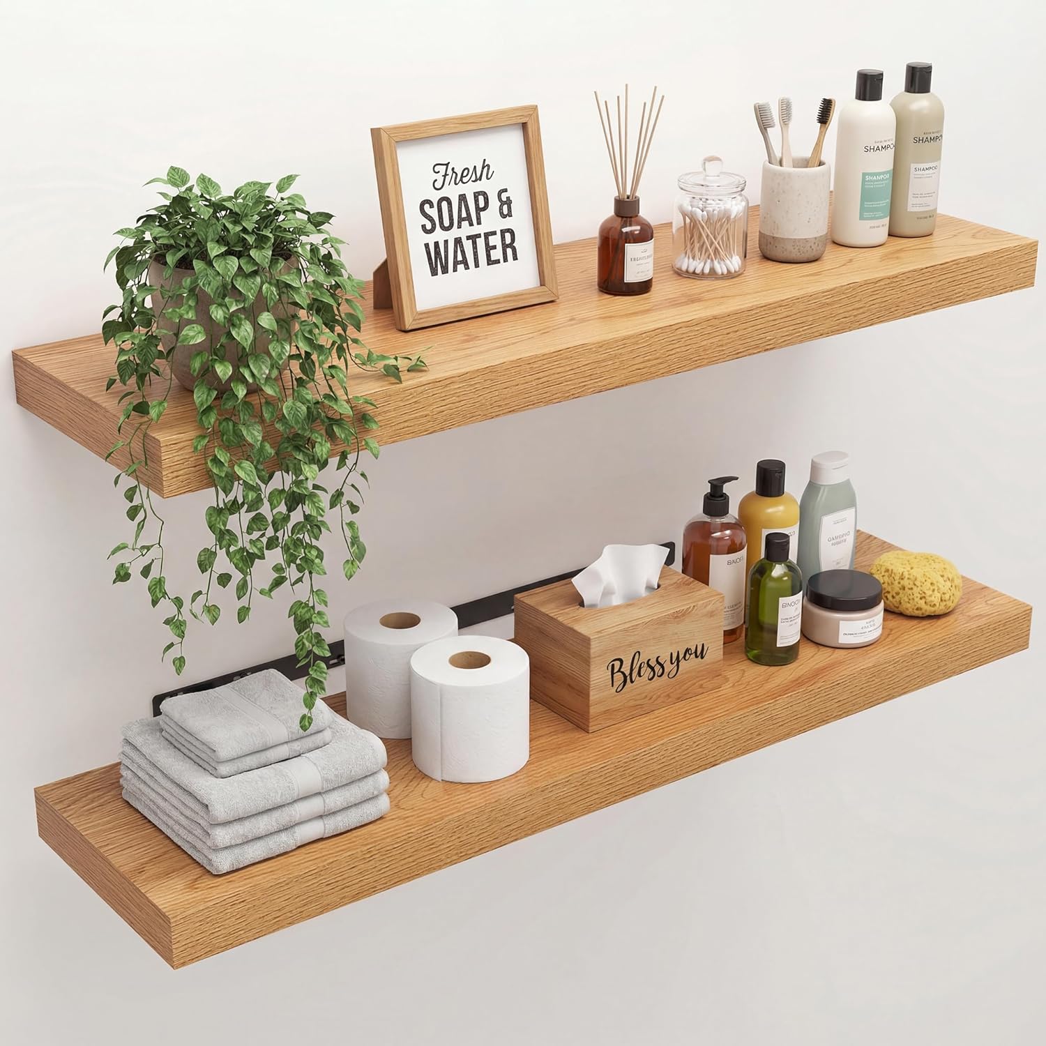 16" Width Floating Shelves, Wall Shelves for Bathroom/Living Room/Bedroom/Kitchen Decor, Black Shelves with Invisible Brackets Set of 2