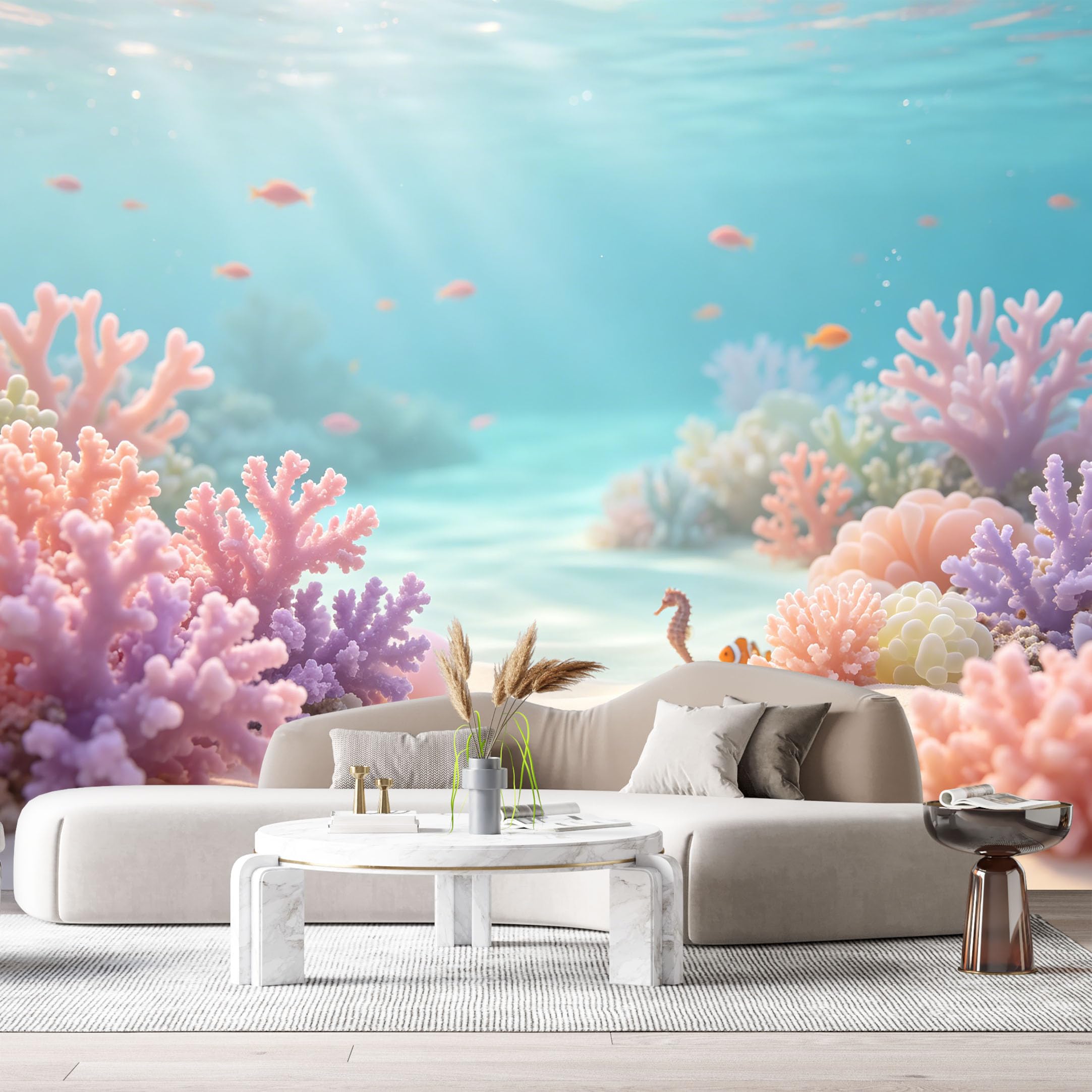 Custom Size Wall Murals Ocean Marine Watercolor Coral Reef Seahorse Clownfish SelfAdhesiveWall Fabric Removable Wallpaper Wall Decor for Living Room Bedroom Bathroom