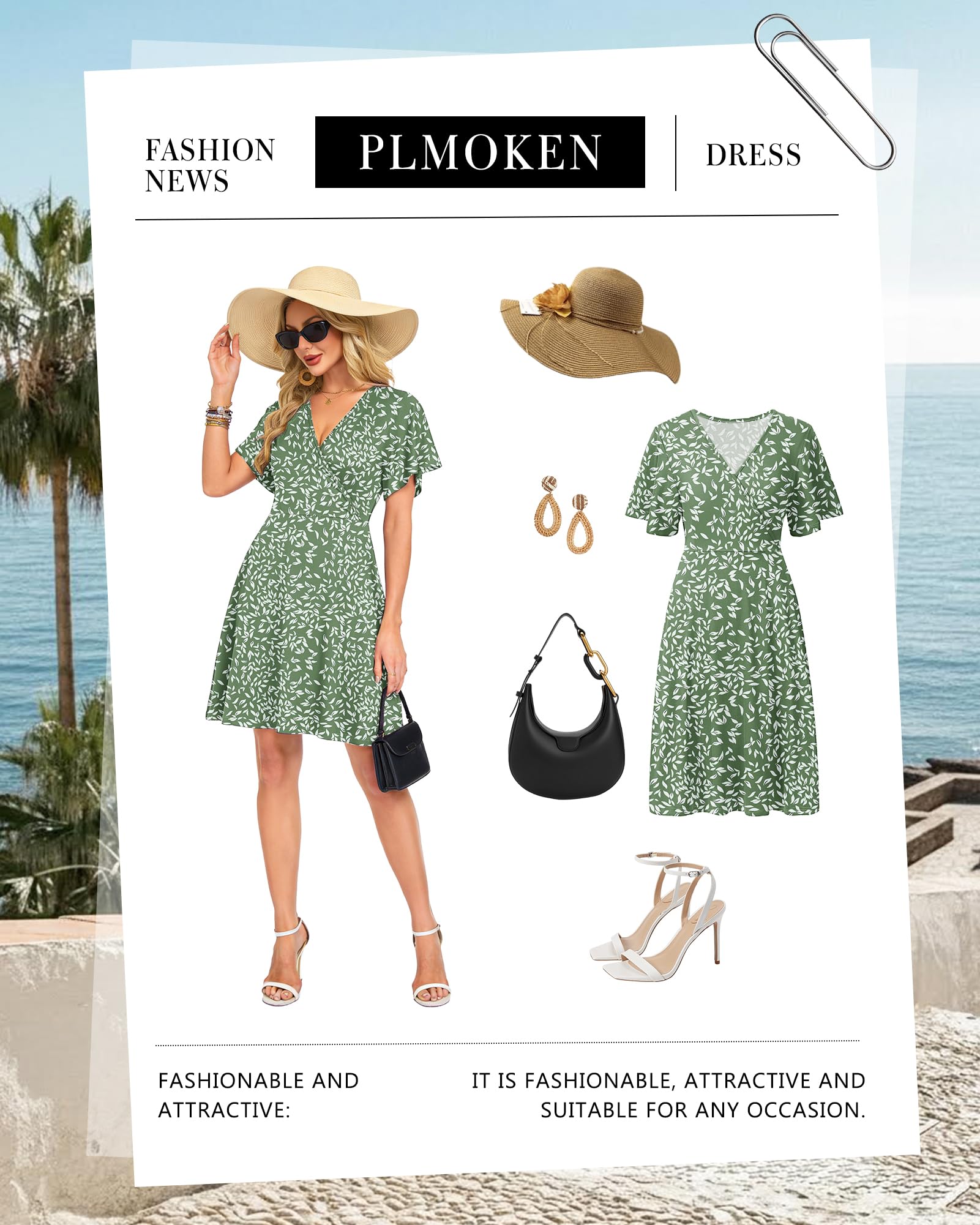 PLMOKEN Vestidos de Verano para Mujer Vestido Sexy con Cuello en V y Manga con Volantes Vestidos de Playa con Bolsillos