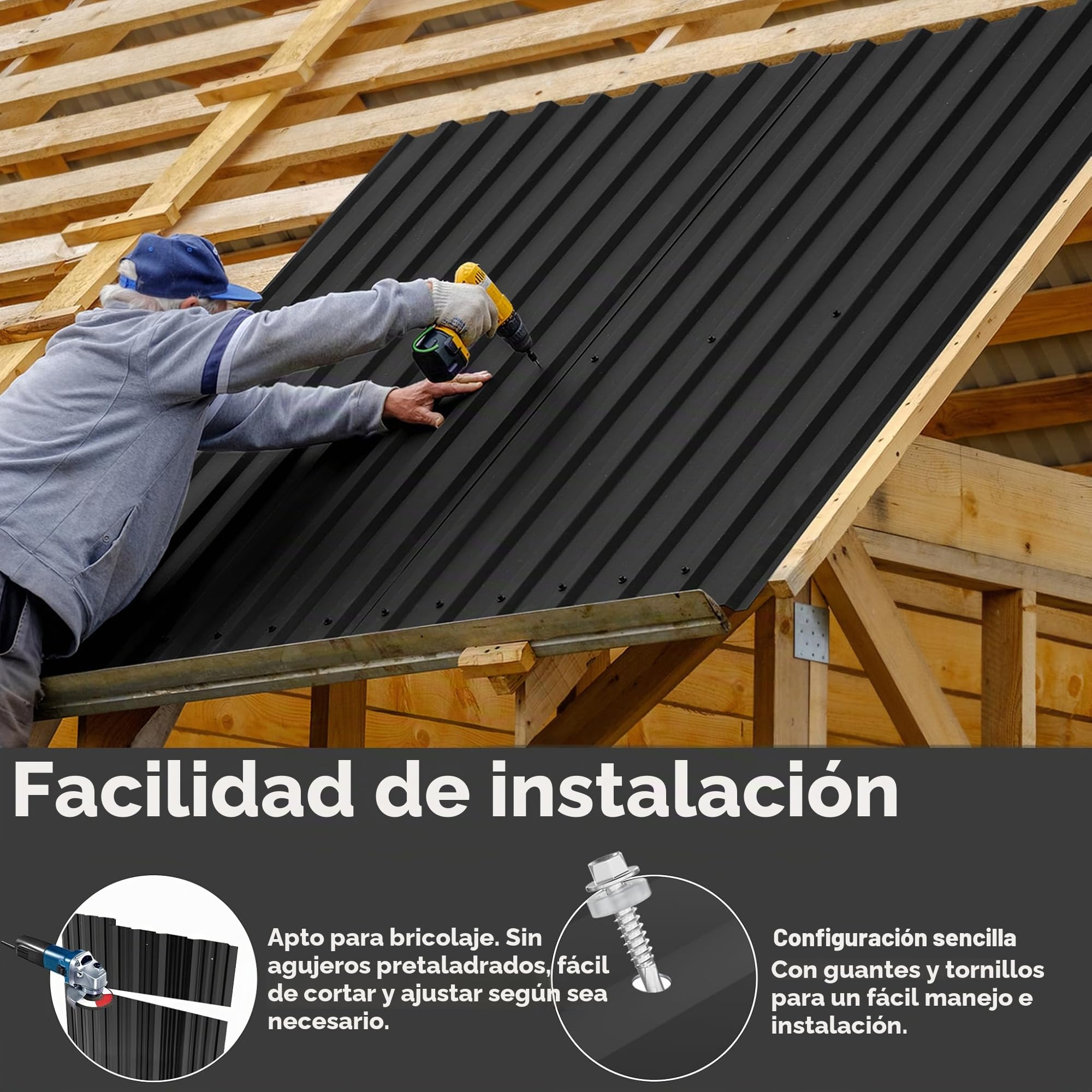 LARS360 Chapa trapezoidal de techo de acero galvanizado, chapa ondulada para techo y pared, ideal para garajes, cobertizos de jardín, cobertizos (negro, 12 unidades)