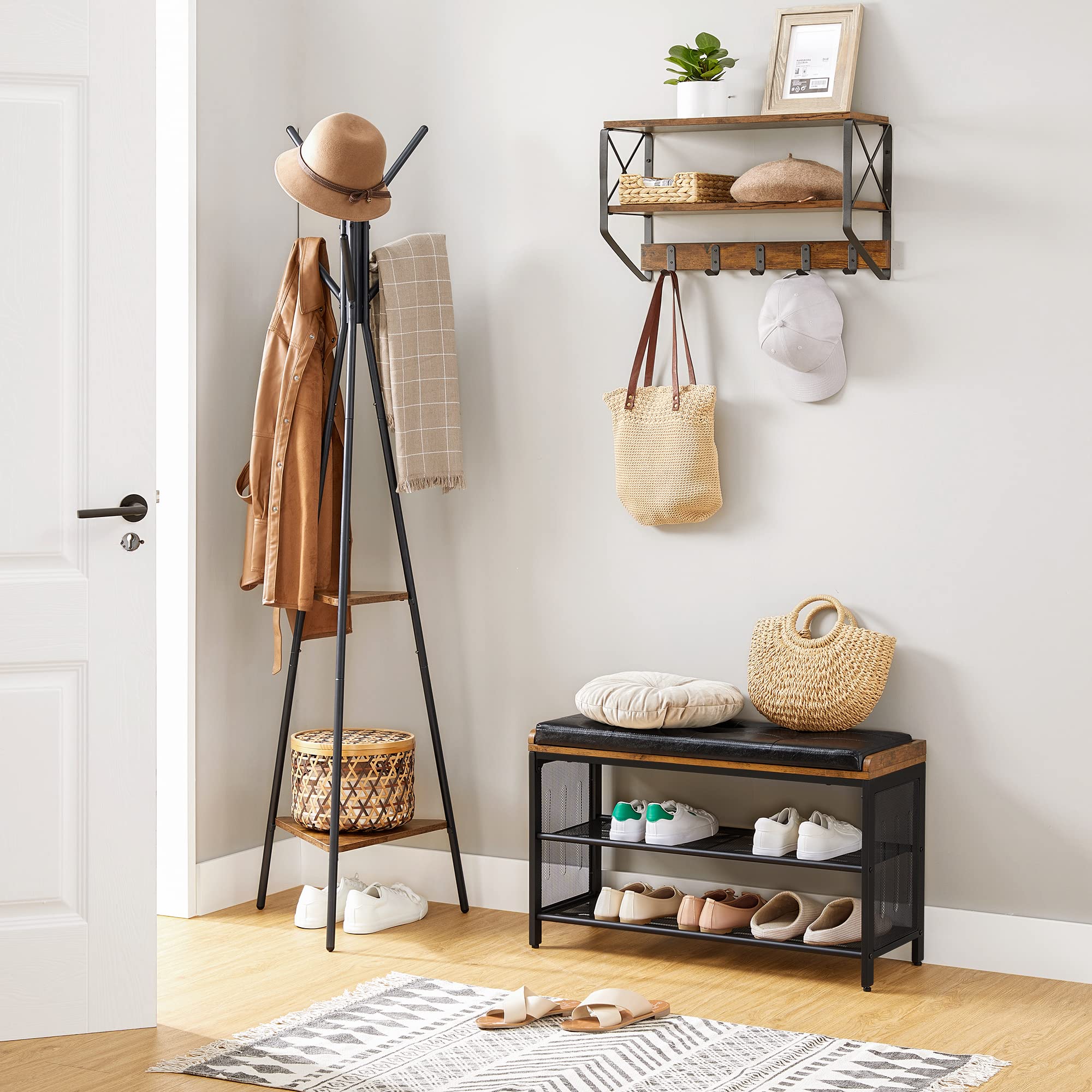 VASAGLE Banc à Chaussures, Banquette Rembourrée avec Étagères en Maille, Rangement à Chaussures, Couloir, Entrée, Gain de Place, Métal, Industriel, Similicuir Noir, Marron Rustique LBS75X