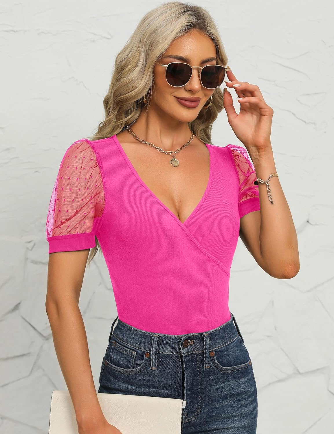 Fayenne Womens Tops Deep V Neck Cross Wrap Sexy Tops Polka Dot Mesh Short Sleeve T Shirt Casual Blouses - Image 4