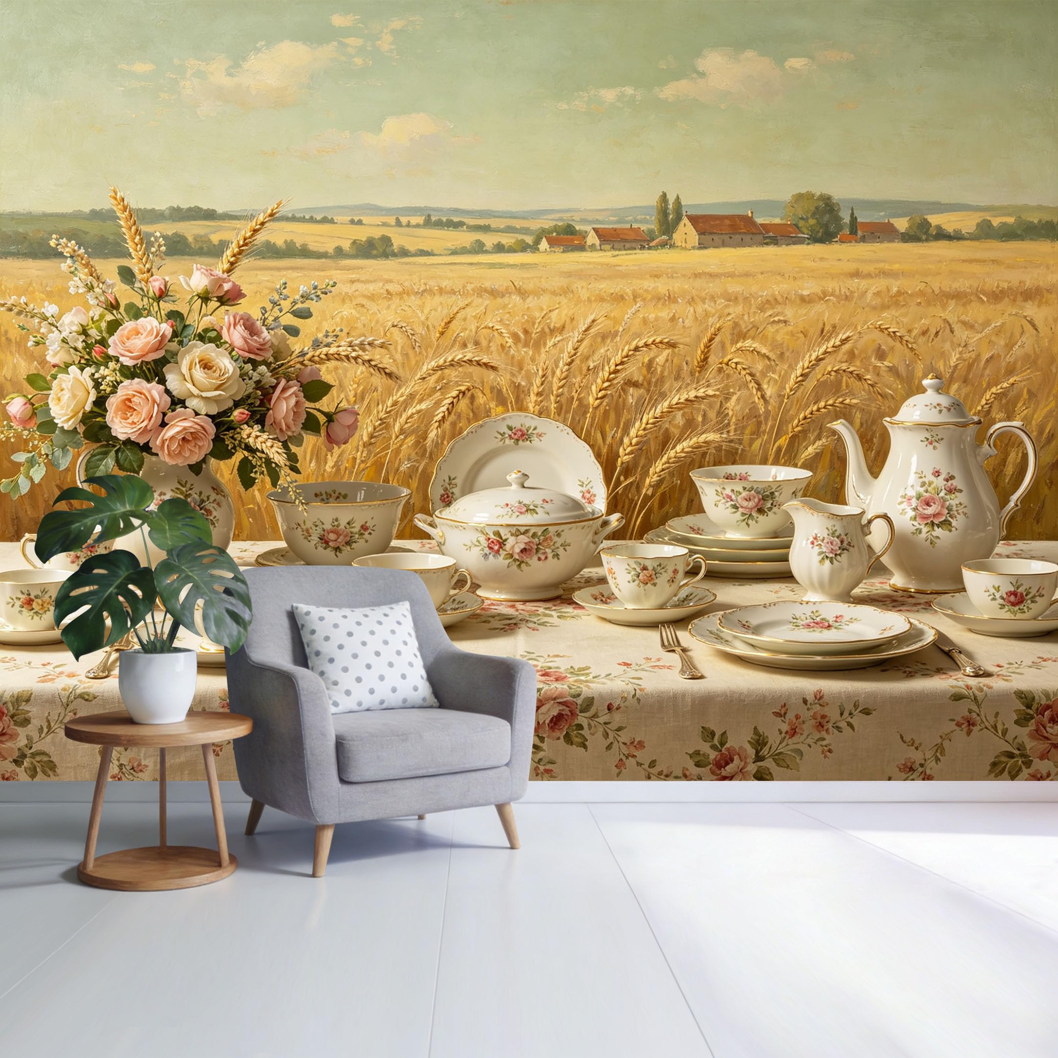 Custom Size Wall Mural Vintage Farmhouse Floral Tea Set in Wheat Field Landscape SelfAdhesive Wall Fabric Removable Wallpaper for Home Office Decor
