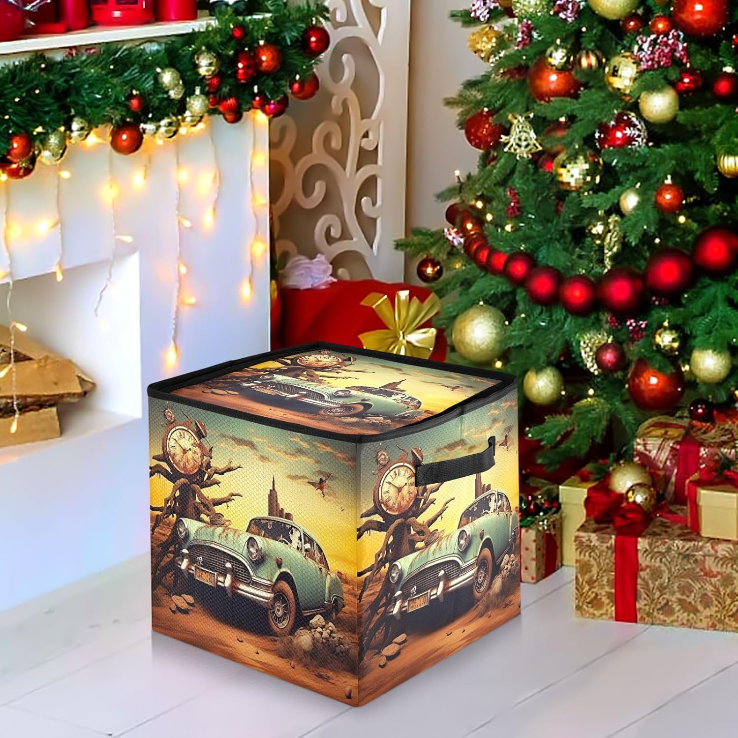 Old Rusted Car 13 Inch Christmas Ornament Storage Box with Lid - Holiday Decor Storage Containers, Stores 64 Ornaments, 3 Inch Cube Compartments