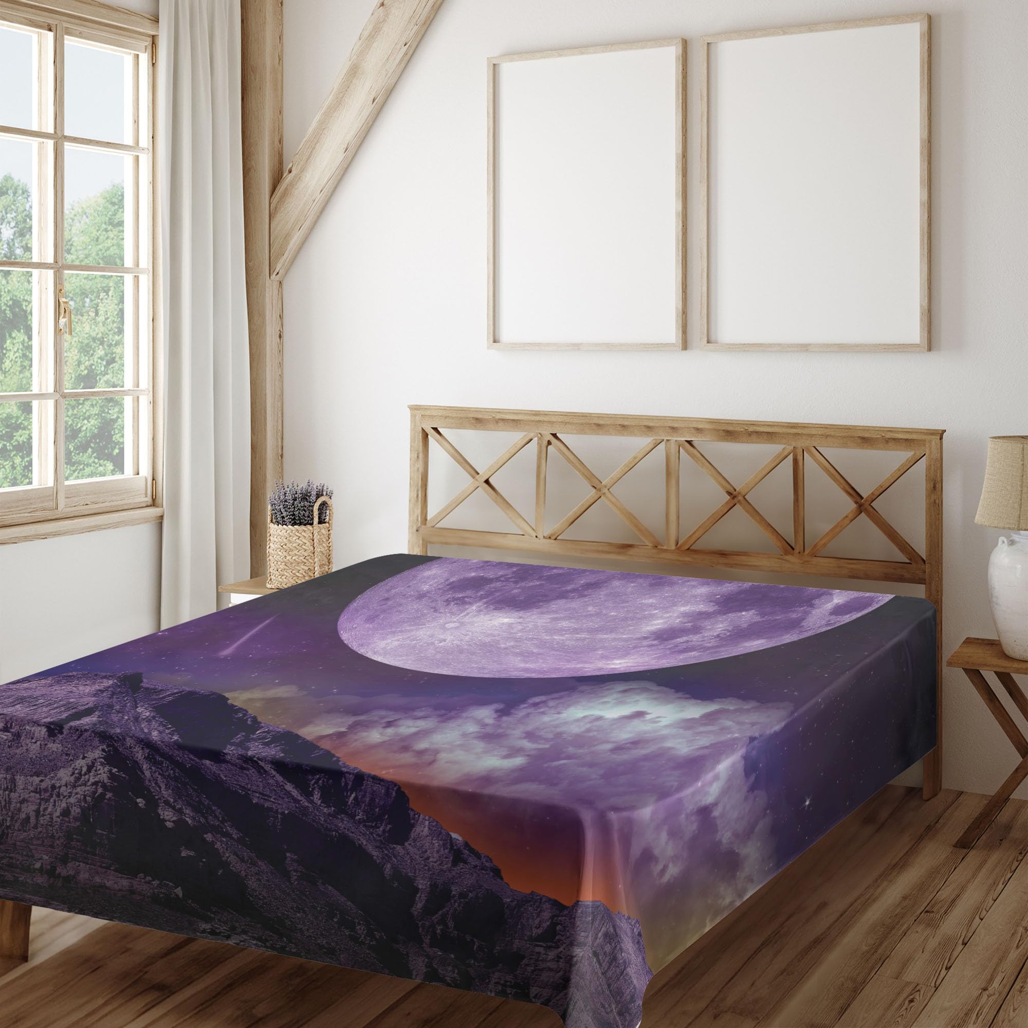 Ambesonne Mystic Flat Sheet, Fantasy Dark Night in Earth Cosmos Galaxy Planet Celestial Large Moons Comets, Soft Comfortable Top Sheet Decorative Bedding 1 Piece, Queen Size, Purple Black