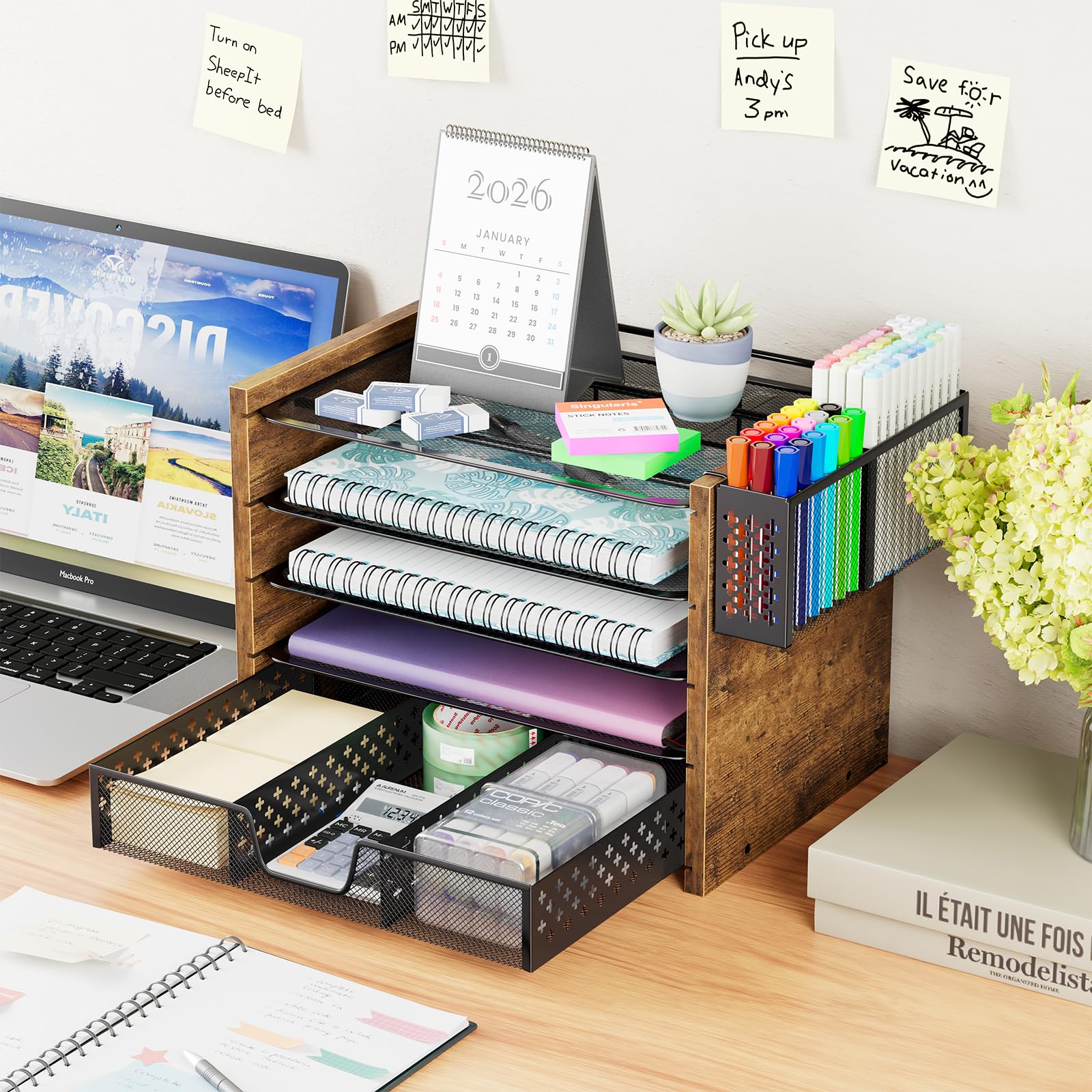 Simple Trending Organizer per carta a 5 ripiani, organizer da scrivania in legno e accessori con cassetto e portapenne, per casa, ufficio, scuola