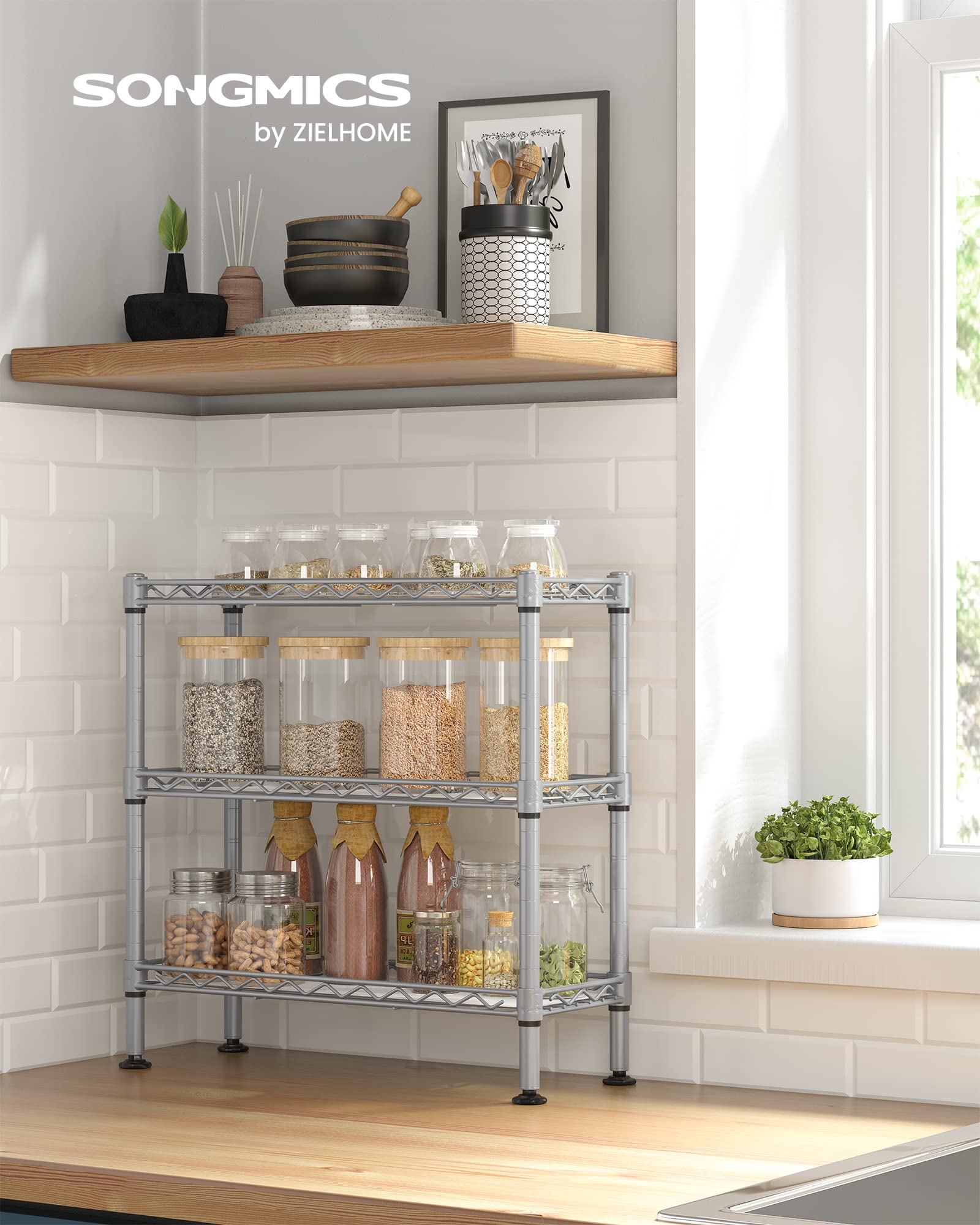 SONGMICS Gewürzregal mit 3 Ebenen, Küchen-Organizer, aus Metall, mit PP-Platten, verstellbare Regalebene, 15 x 40 x 39,5 cm, mattsilbern LGR025E01