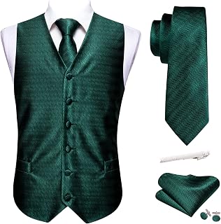 Mens Paisley Waistcoat Flower Jacquard Silk V-neck Suit Vest and Tie Pocket Square Cufflinks for Wedding Tuxedo Prom
