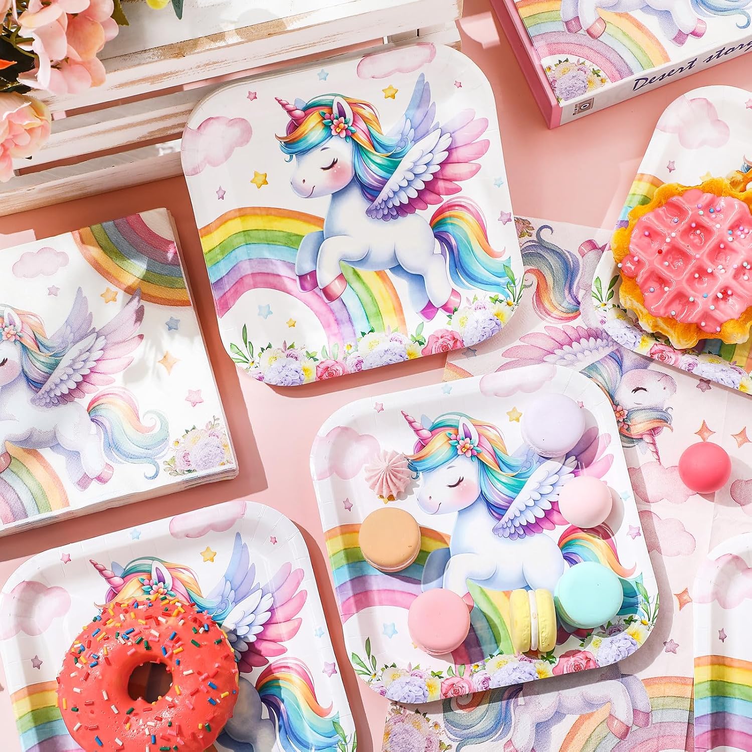 Zhehao 72 Pcs Unicorn Plates and Napkins Serve 36, 7" Square Paper Dessert Plates for Birthday Party Colorful Unicorn Disposable Dinnerware Decoration for Party Supplies