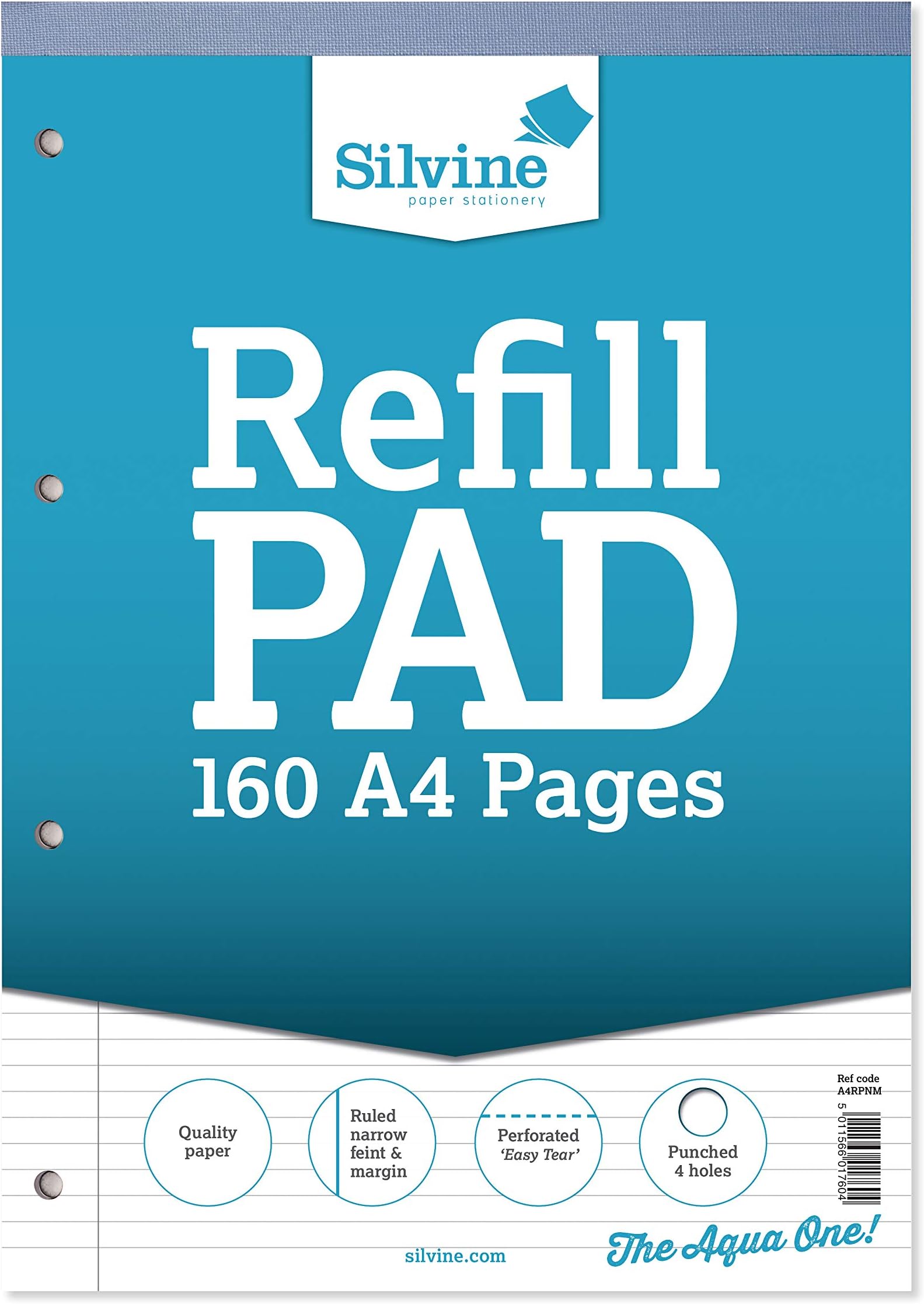 Silvine A4 Refill Pad - Narrow Lined with Margin (160 Pages) Pack of 5