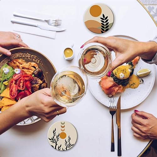 Miniatura 6 de Juego de 6 posavasos con soporte, posavasos abstractos de cerámica absorbentes de hojas de sol bohemios con base de corcho, se adaptan a todas las