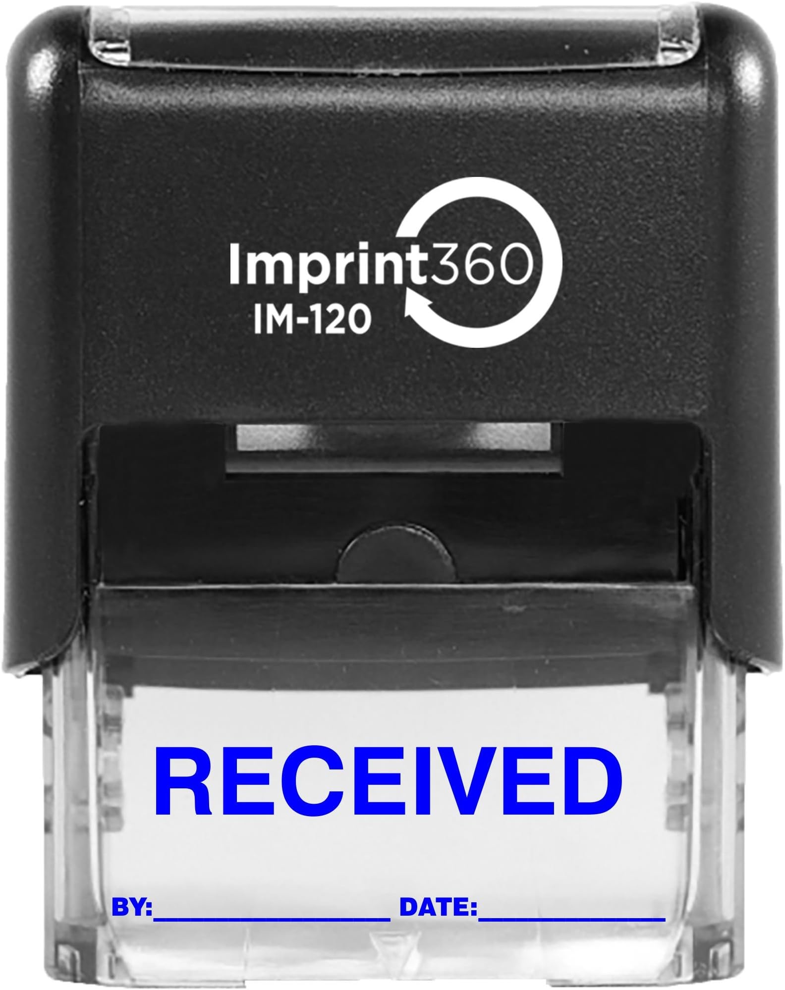 AS-IMP1104B - Received Stamp with by: & Date:, Blue Ink, Heavy Duty Commerical Self-Inking Rubber Stamp, 9/16" x 1-1/2" Impression