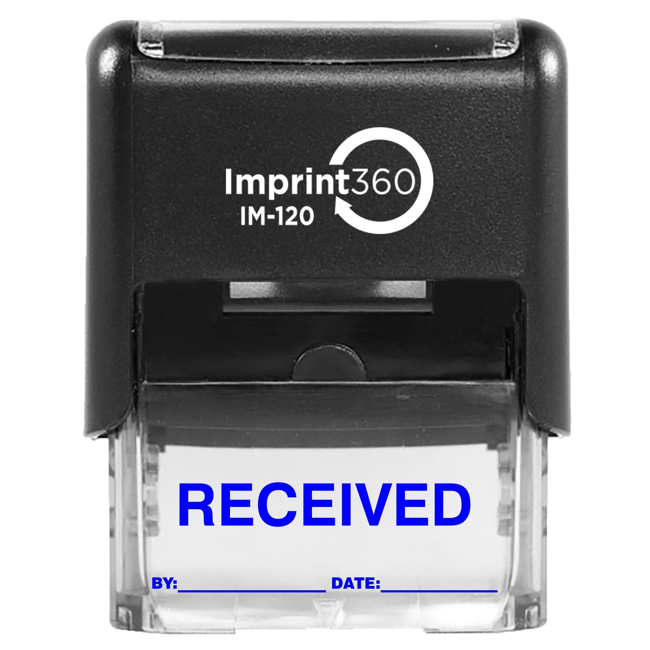 AS-IMP1104B - Received Stamp with by: & Date:, Blue Ink, Heavy Duty Commerical Self-Inking Rubber Stamp, 9/16" x 1-1/2" Impression