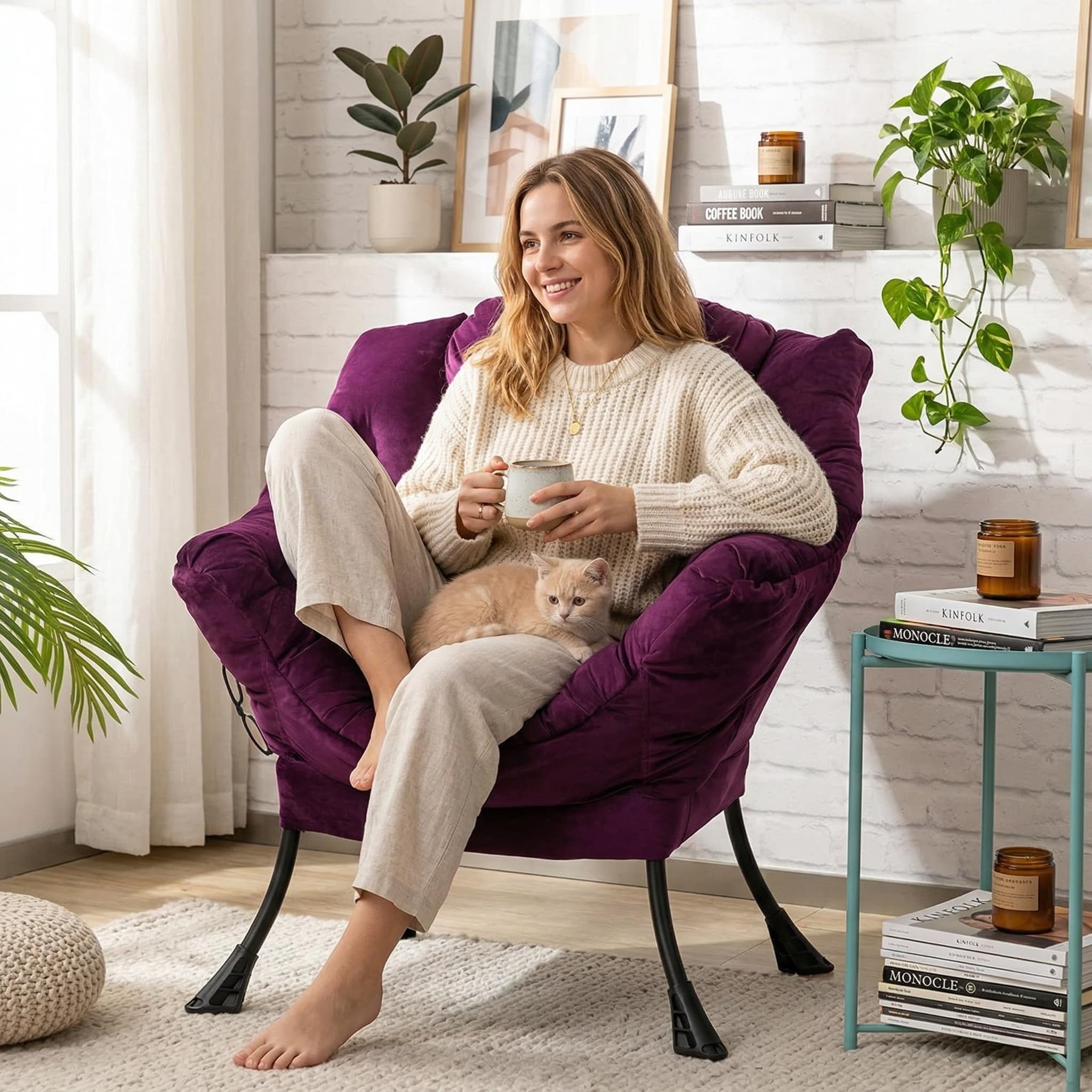 HollyHOME Fauteuil Scandinave Confortable Fauteuil de Lecture Velours Chambre Relax Chaise D'appoint en Métal, Pourpre
