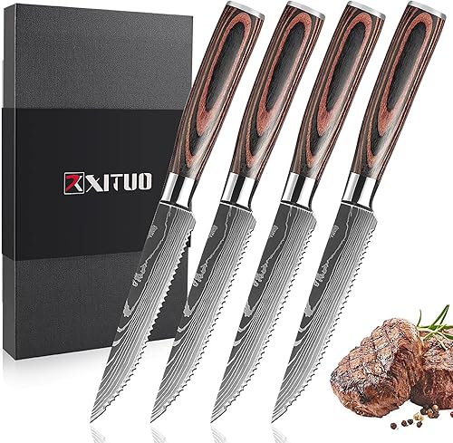 Miniatura 10 de XT XITUO Juego de 6 cuchillos de carne con patrón de damasco de acero inoxidable con mango de madera, cuchillo multiusos para restaurante y mesa