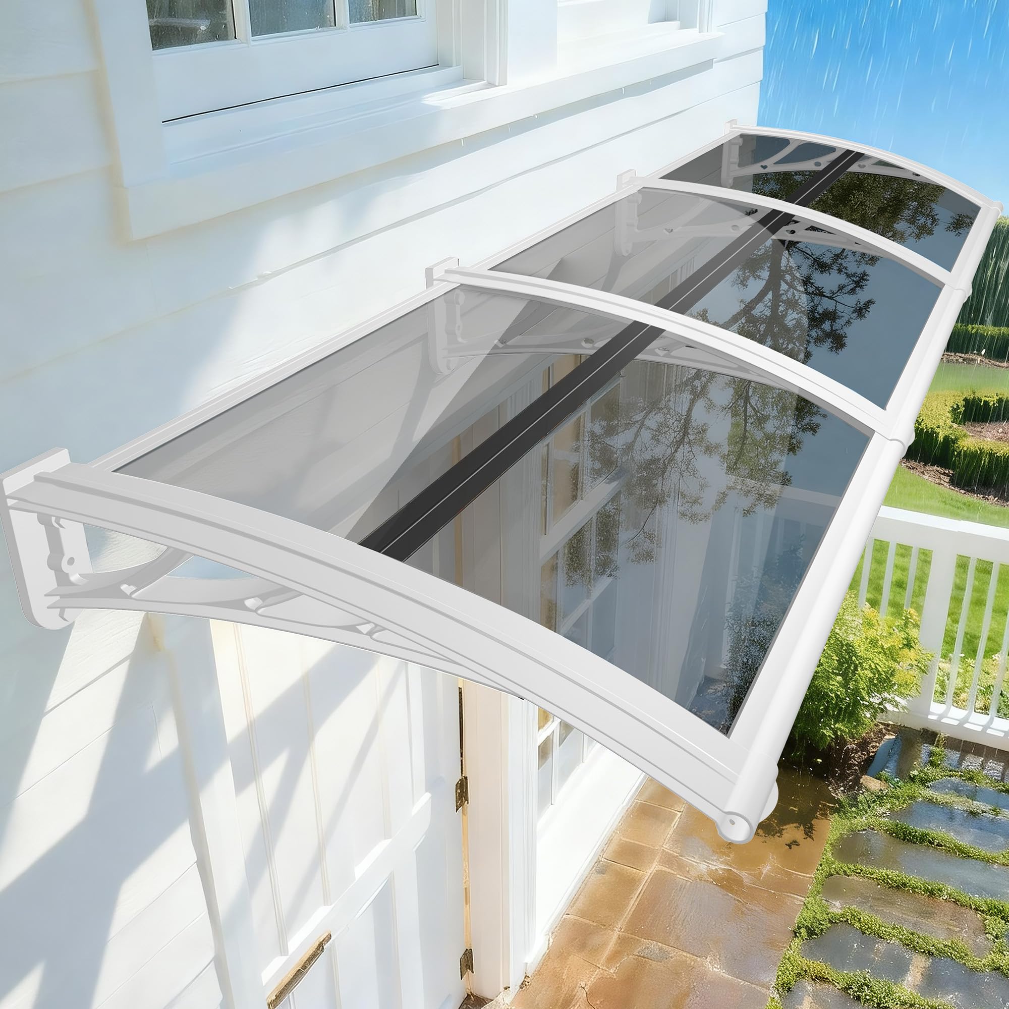 Pensilina Tettoia da Esterno per Porta e Finestra 100x280cm, Trasparente Policarbonato Copertura Resistente alle Intemperie, Protezione UV UPF 50+, Lastra Grigio, Staffa Bianco