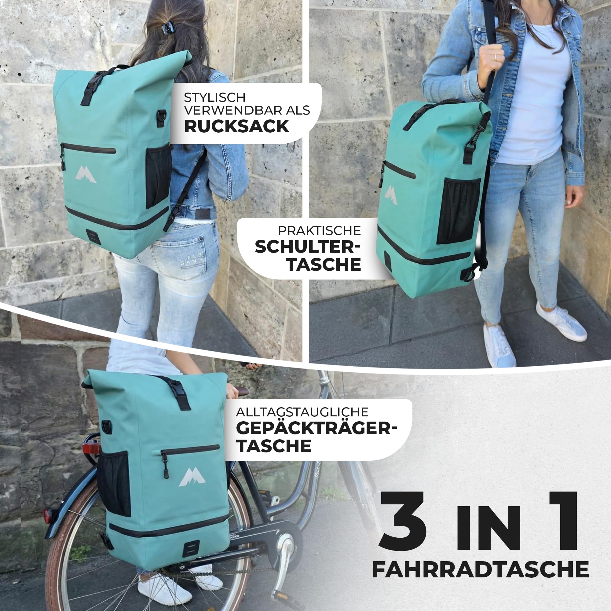 3in1 Fahrradtaschen für Gepäckträger mit Rucksack 100% Wasserdicht 30L I Kühlfach I Gepäckträgertasche Reflektierend Laptopfach Tasche fürs Fahrrad (Mint)