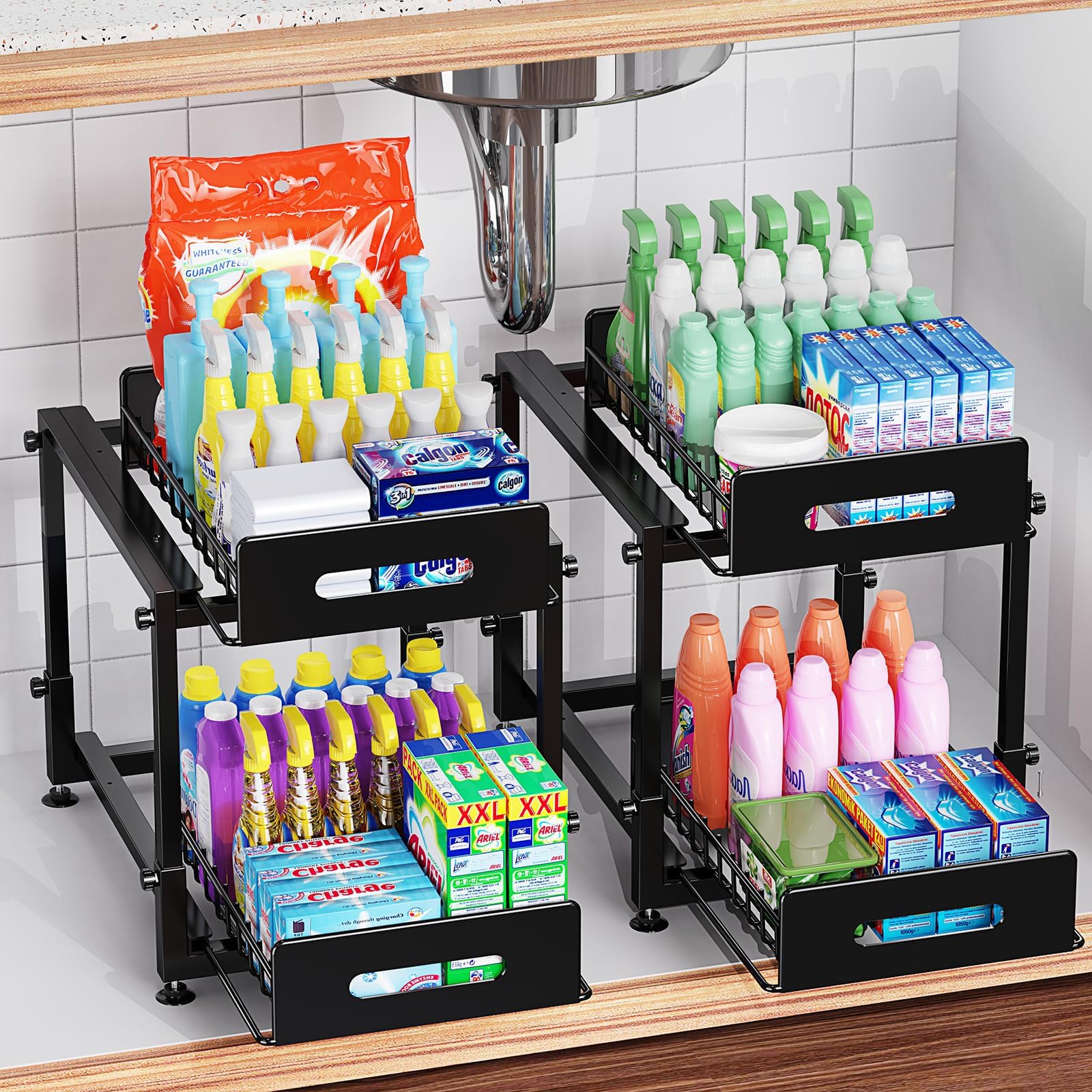 2 Pack Under Sink Organizer ,2 Tier Kitchen Sink Organizer Pull Out Cabinet Organizers and Storage with Sliding Drawers,Adjustable Height Metal Under Bathroom Counter Organization Shelf