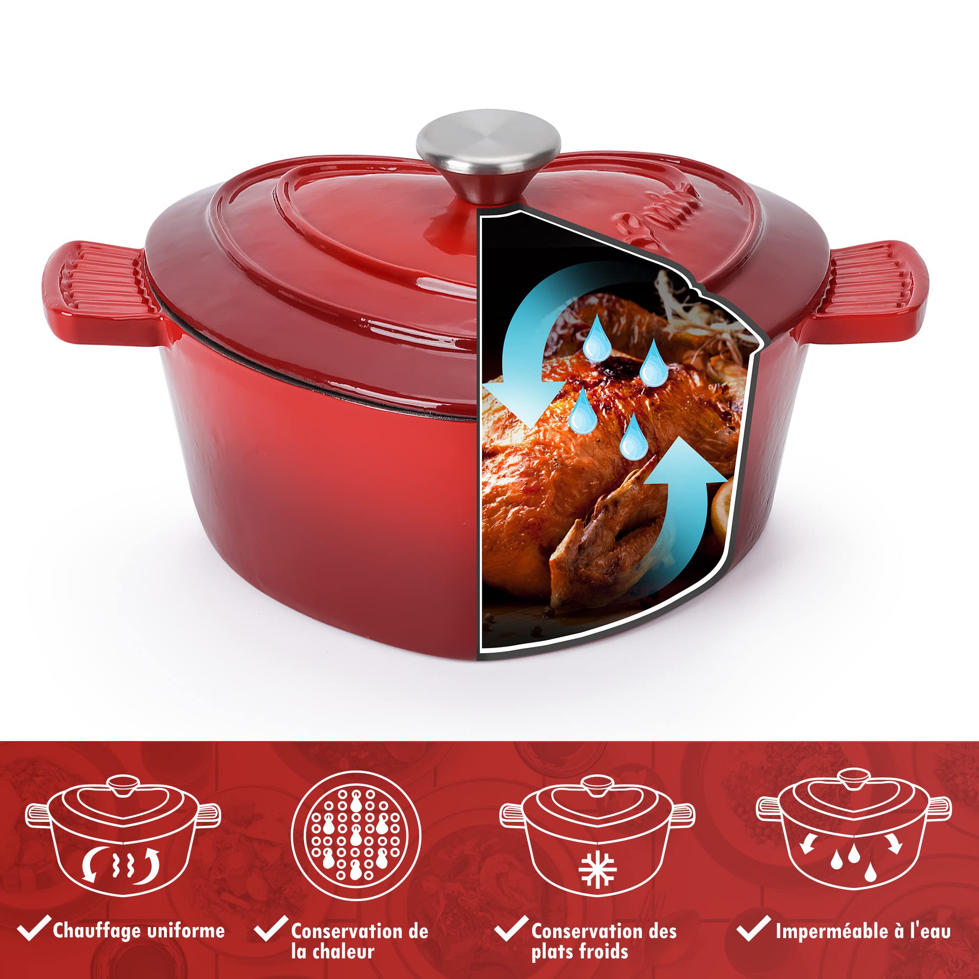 MIAMIO - Four Hollandais en fonte émaillée en forme de cœur, pot antiadhésif/Cadeau pour Noël, convient à tous les types de chaleur (3 L, 24 cm)