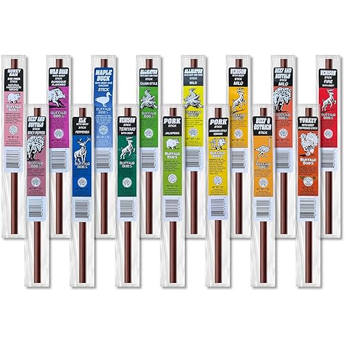 Buffalo Bob 's Wild Game - Bocadillos de carne seca de juego legal de California, surtido de 15 piezas, carne exótica alta en proteínas para