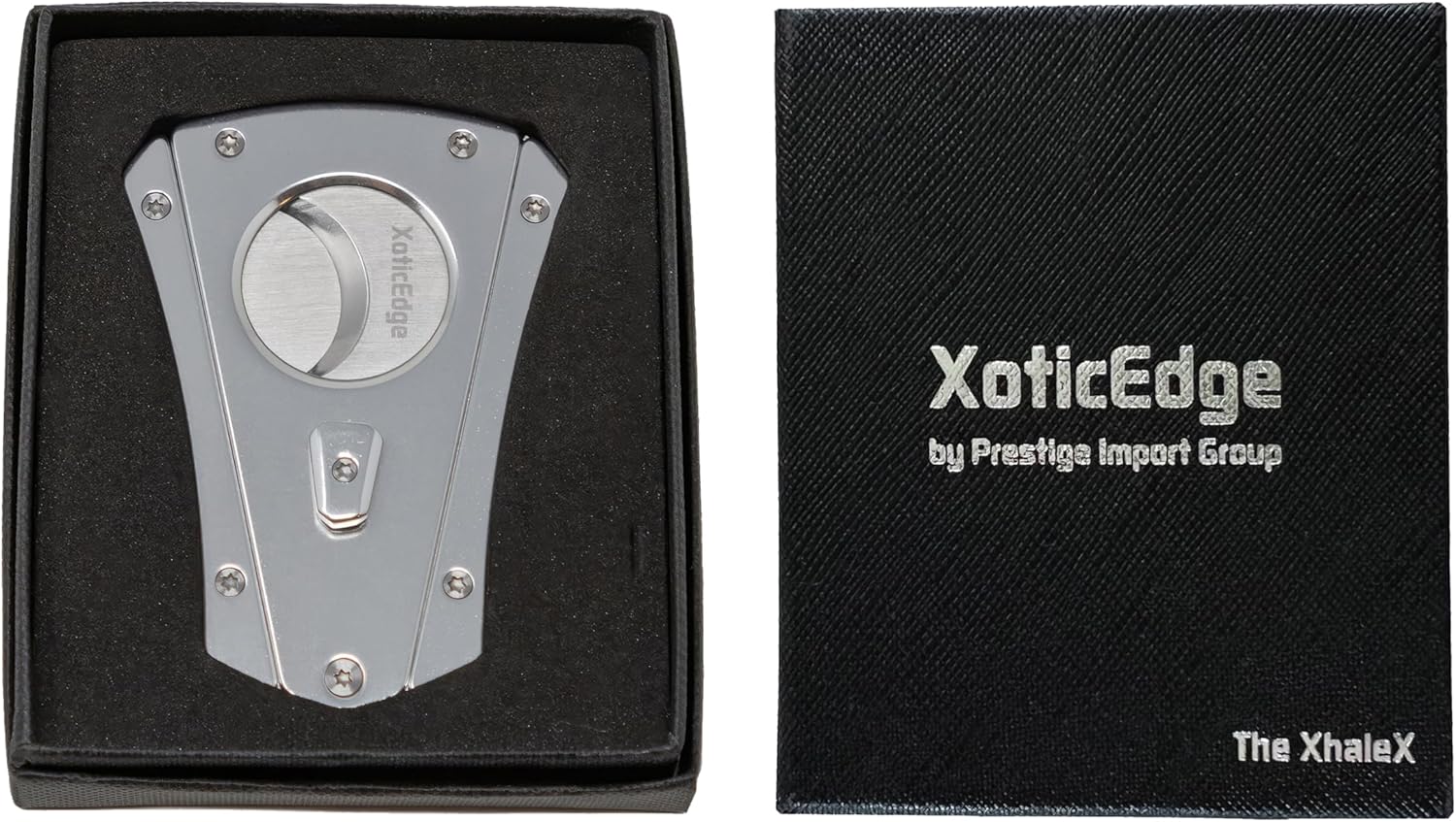 Prestige Import Group XoticEdge XhaleX Anodized Aluminum Body Dual Wing Stainless Steel Blade Cigar Cutter - Up to 64 Ring Gauge - Metallic Silver