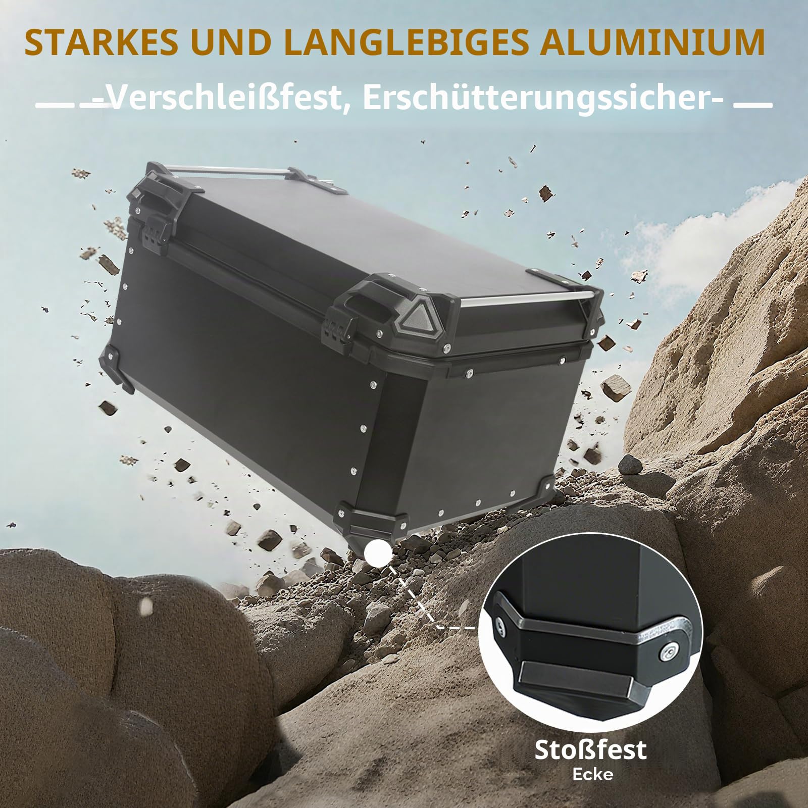 Top Case Moto 65L Universal Aluminium – Wasserdicht IP68, sicherer Heckkoffer, Diebstahlsicherung für 2 Helme, schnelle Demontage für die meisten Motorräder & Roller (schwarz)