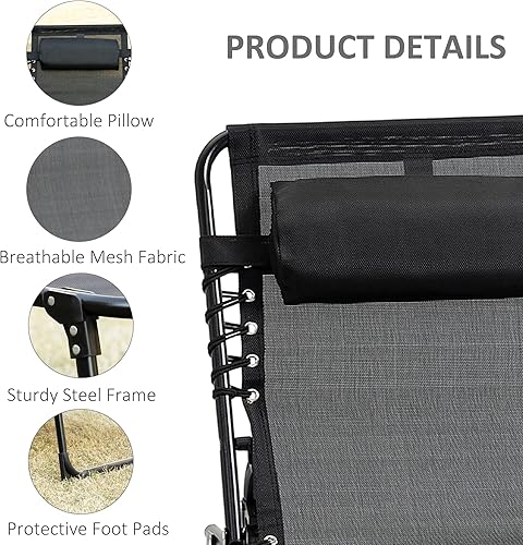 Miniatura 5 de Outsunny Tumbona reclinable, tumbona portátil, catre plegable con respaldo ajustable y almohada extraíble, para patio, jardín, playa, color negro