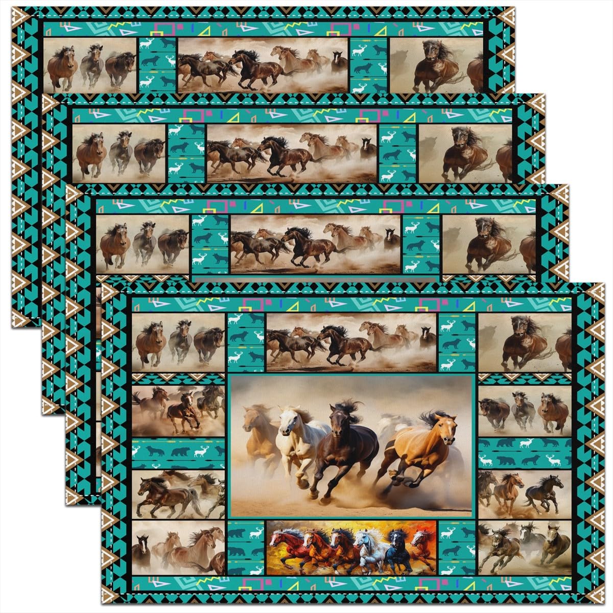 Homemissing Horses Table Place Mats, Southwestern Native Aztec Placemats Set of 4 Farmhouse Wildlife Placemat for Kitchen Dining Table Decor Indoor Outdoor for Women Men Bohemian 45X30cm