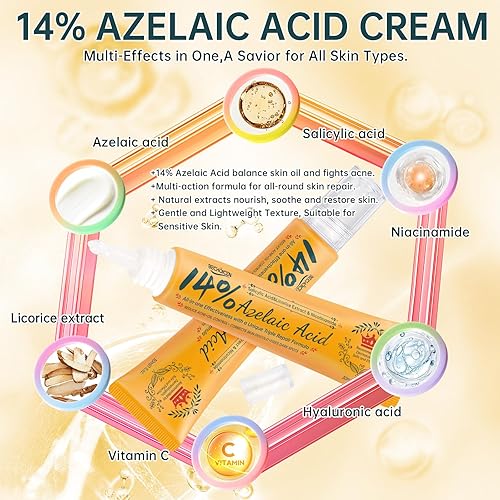 Miniatura 4 de BECHOICEN Crema de acné de ácido azelaico al 14% para cara, suero de ácido azelaico con niacinamida y ácido salicílico, unifica el tono de la piel,