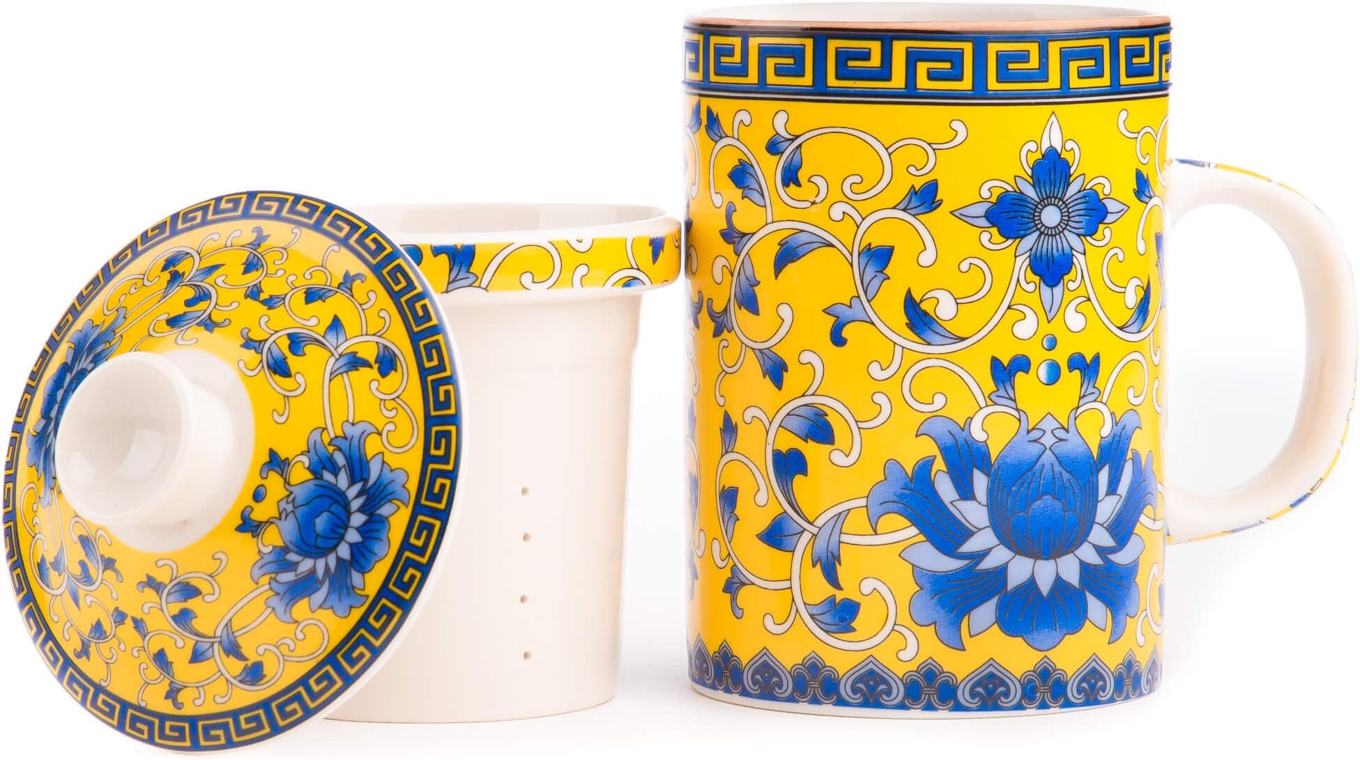 Single Green Tea Cup by Tea of Joy - Porcelain Mug Perfect for Oolong Puerh Loose Tea Brewing or Coffee or Gift - with Japanese Golden Blue Blooming Peony Flower Decor and Matching Lid and Infuser