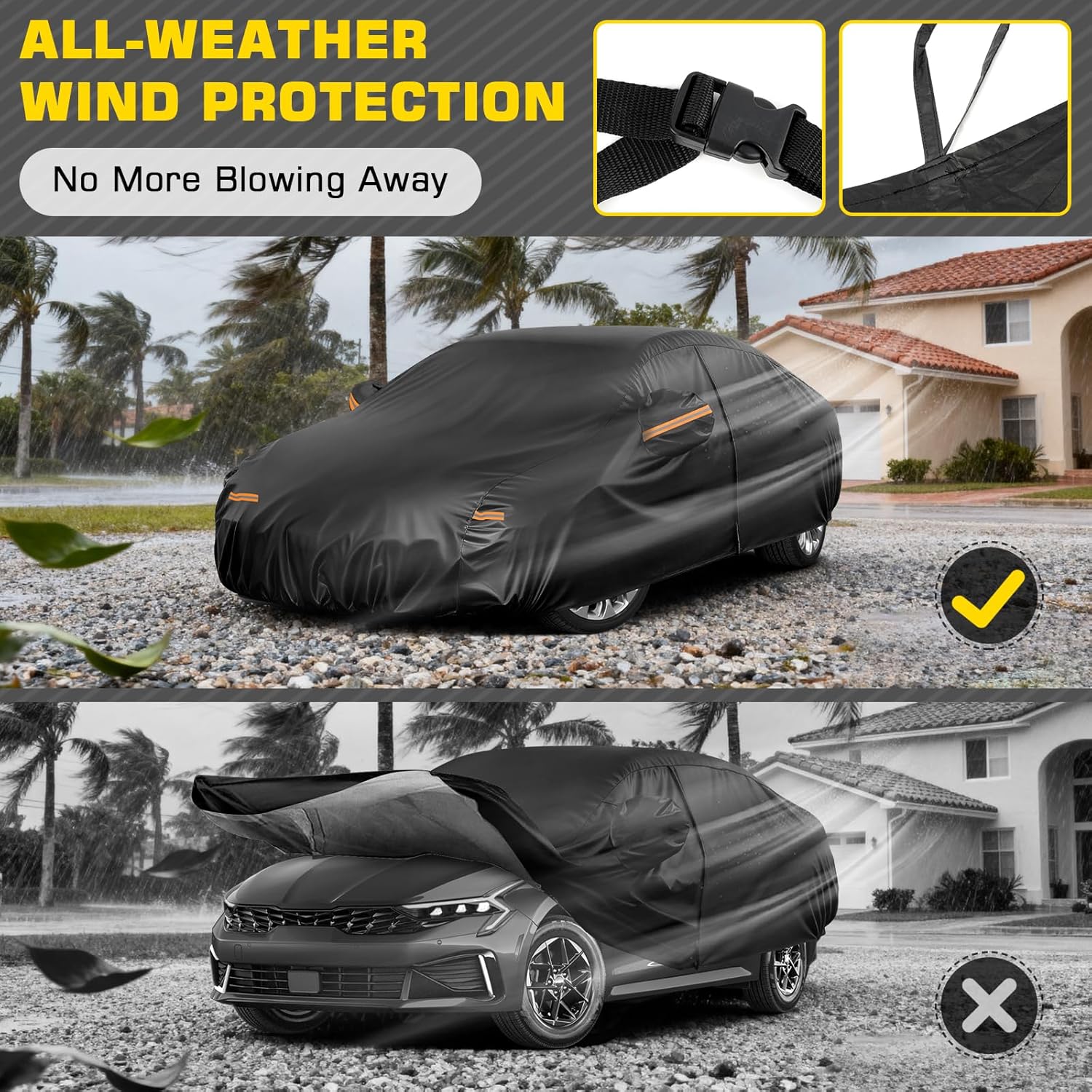 Car Cover for Kia K5 2020-2026, 6 Layers Waterproof Car Covers with Zipper Door & Windproof Bands All Weather Cover for Snow Rain Dust Hail Leaves Bird droppings Protection