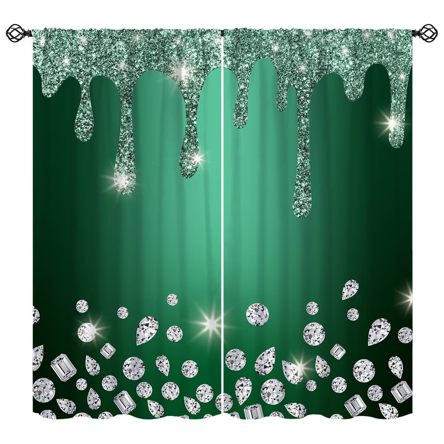 Glitter Diamond Green Curtain Sparkle Shimmer Bling Sparkly Window Treatments Luxury Emerald Green Shiny Drip Modern Window Drapes (No Glitter) for Bedroom Living Room Home W72xL63in