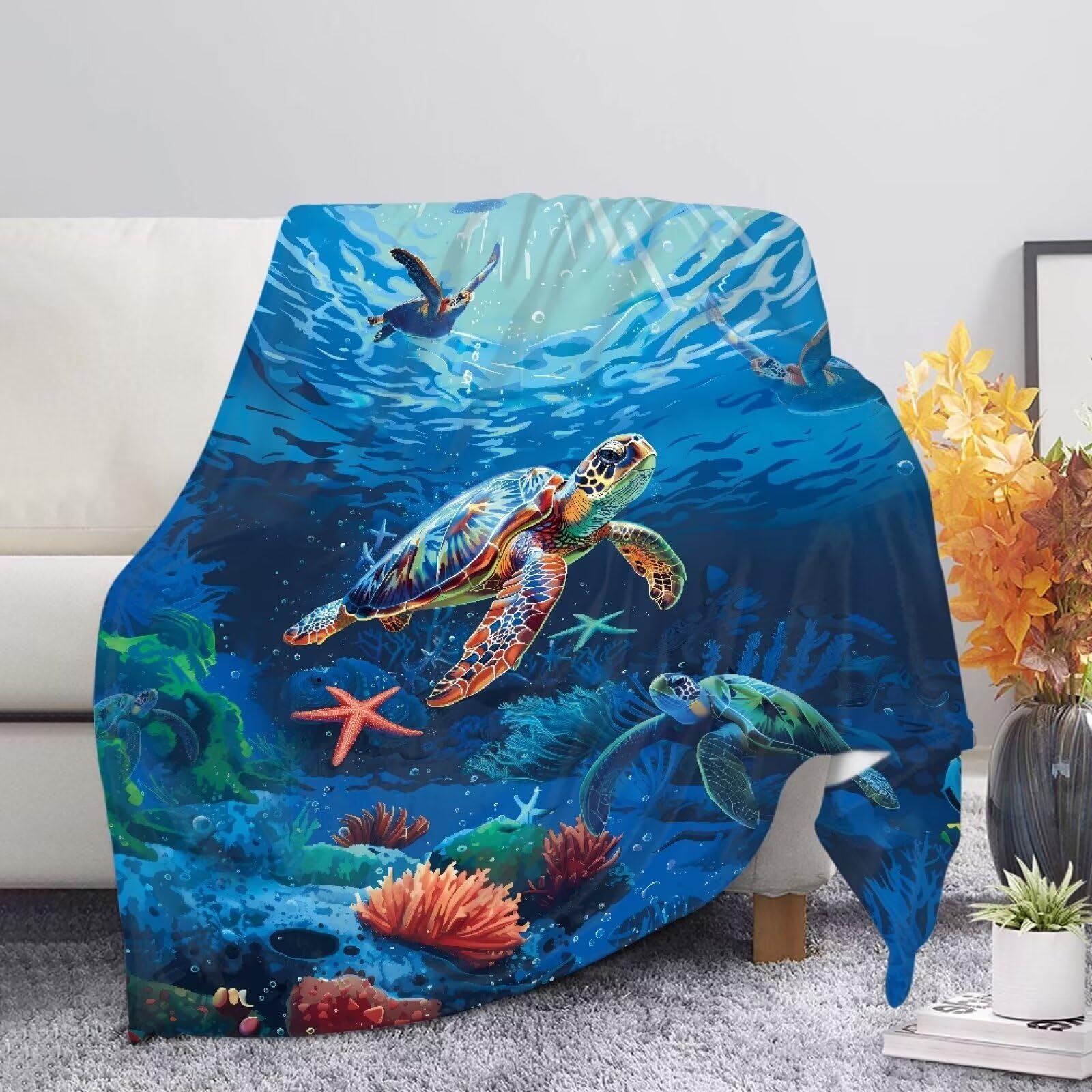 Allcute Sea Turtle Blanket Print Sofa Throws for Winter Fall Throw Blanket Blue Lightweight Warm Flannel Fluffy Blankets for Couch Bed Living Room Decor โ image 1
