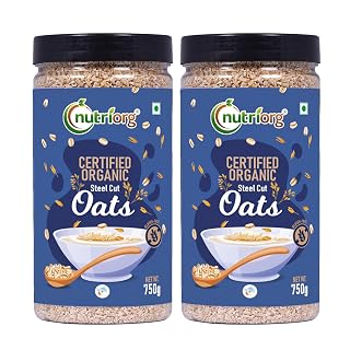 NutriOrg Steel Cut Oats 1.5kg (Pack of 2 * 750) | Organic & Gluten Free | Overnight Oats | High in Fibre & Protein | Healthy Breakfast option