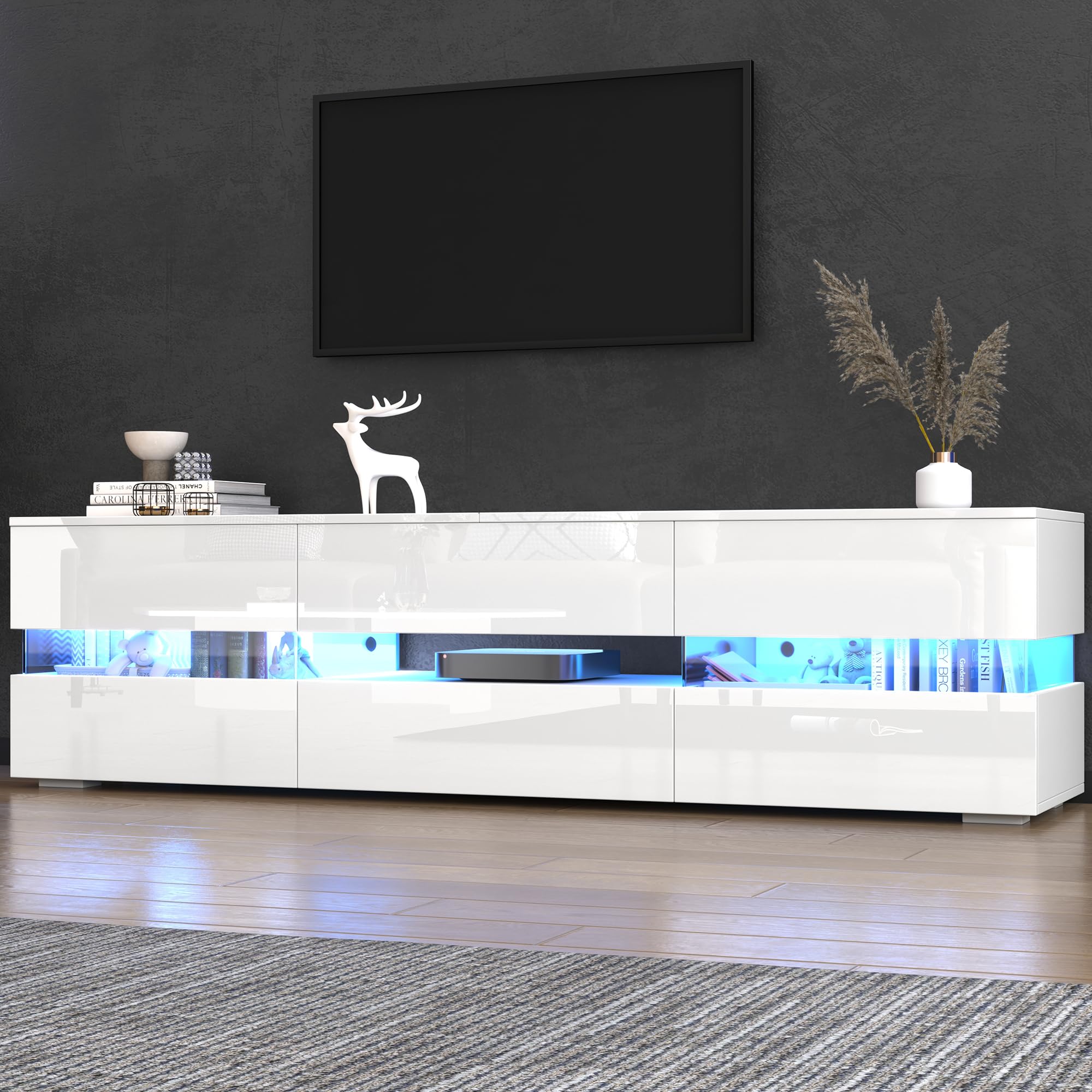 Soweiz Mobile Porta TV Moderno in Bianco Lucido, con Luci LED, 2 Ante, 1 Cassetto, Ripiano Aperto, Adatto per Televisori fino a 70 Pollici – con Inserto in Vetro Acrilico e Apertura per la Stampa