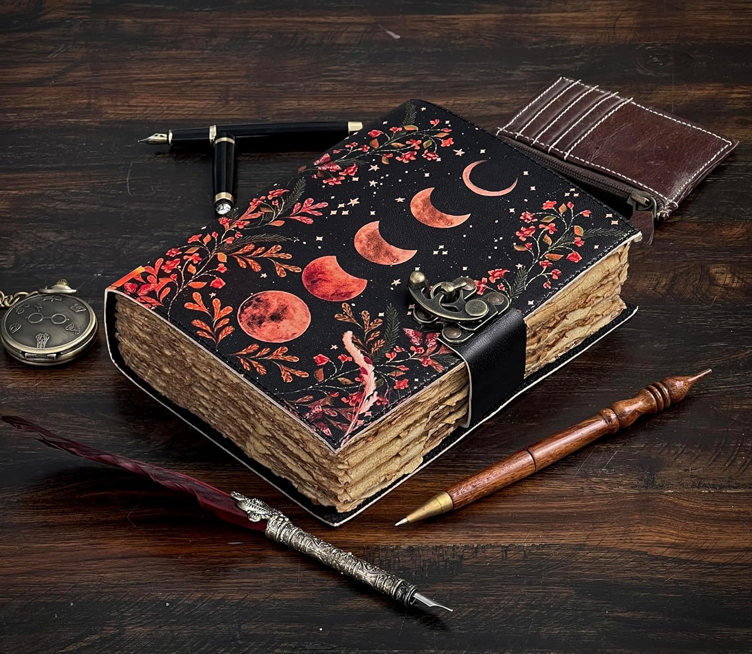 Saify Handicrafts Leeres Zauberbuch der Schatten Tagebuch mit Schloss-Verschluss Vintage Handgemachtes Leder Tagebuch Mondphasen-Druck Tagebuch Gebet Heidnische Hexerei Zubehör Wicca Dekor Notizbuch