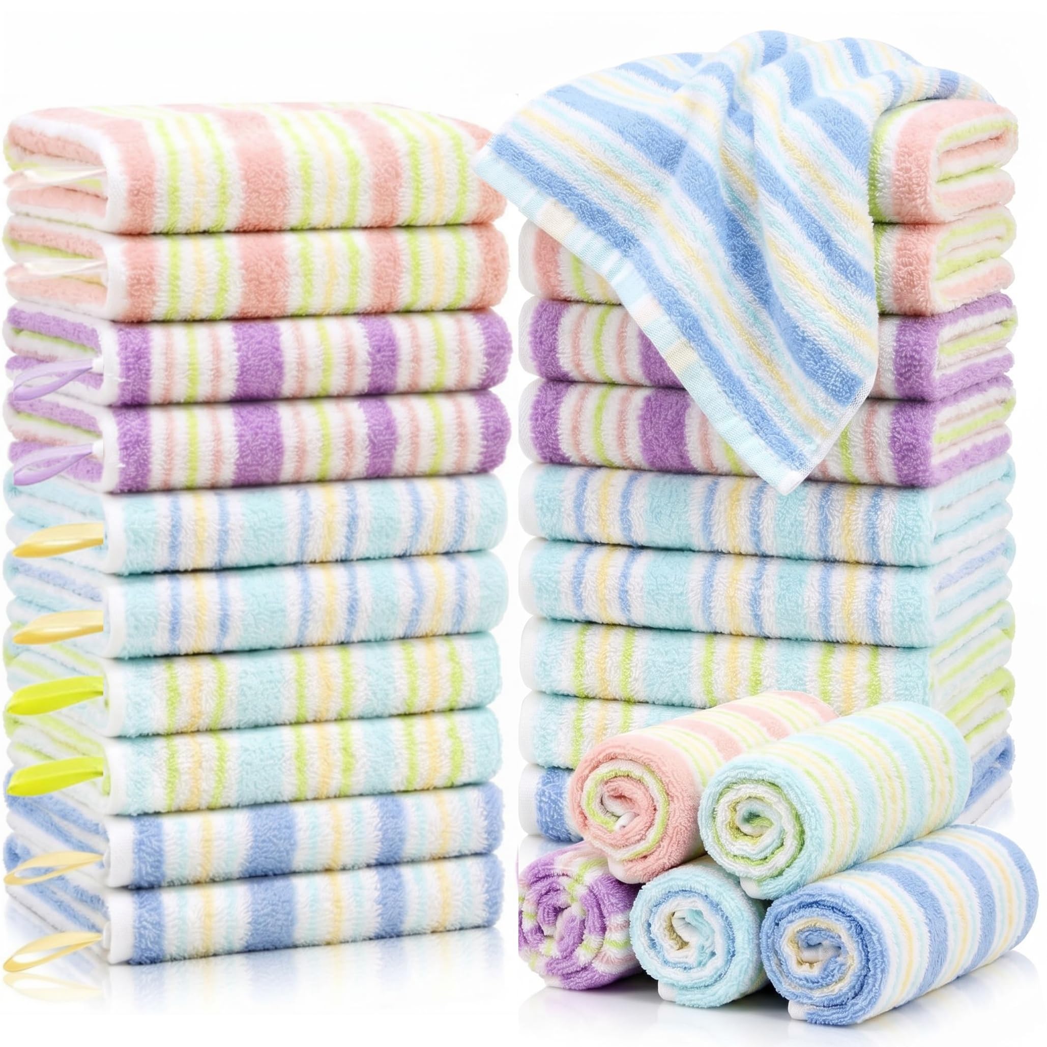 Pumtus 20 Pack Small Face Wash Cloths, 25x25 cm Cotton Soft Hand Towel, Comfortable Striped Fingertip Towel for Sensitive Skin, Reusable Makeup Remover Cloth, Absorbent Cleaning Towel, 5 Colors
