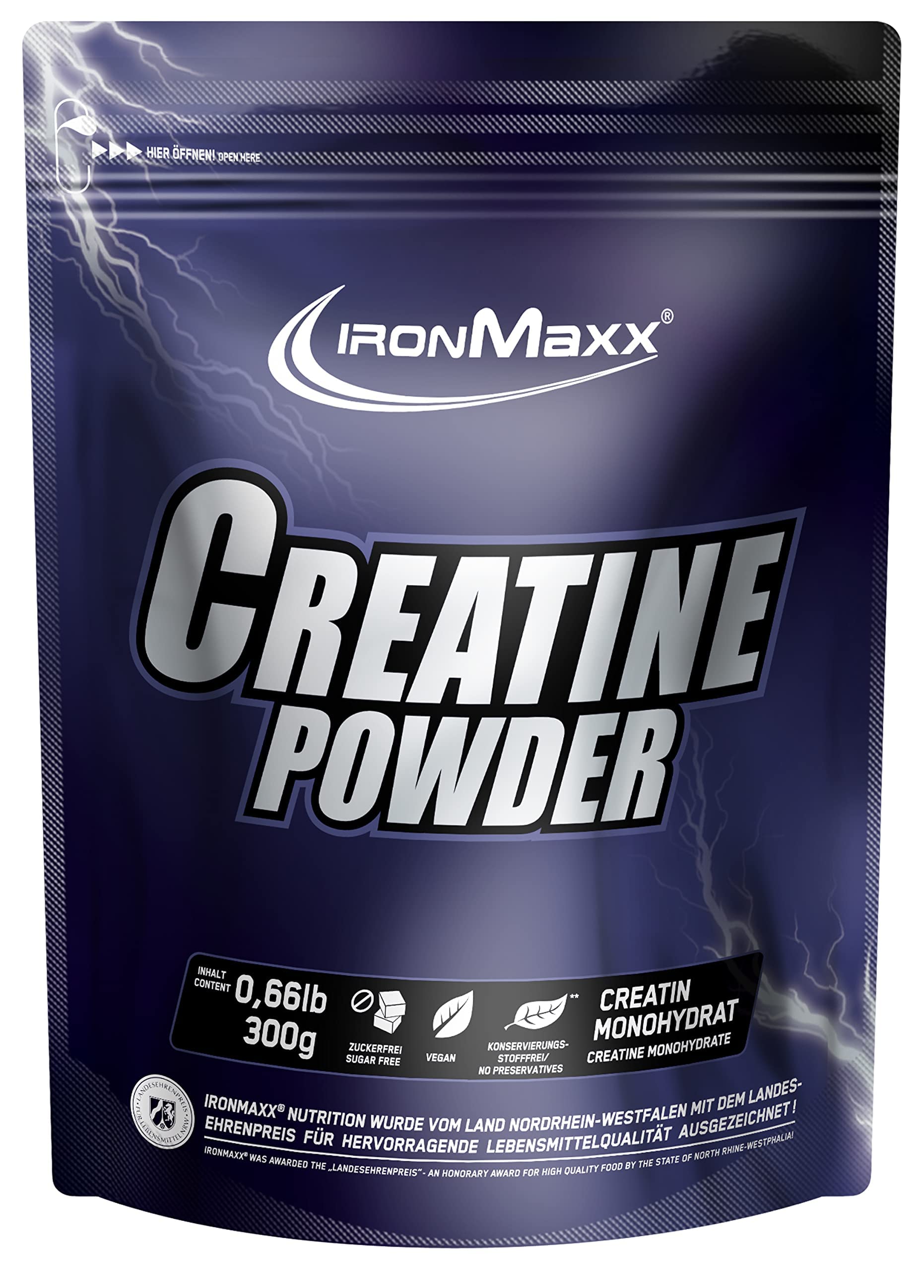 IronMaxx Creatine Powder - 300g Beutel Neutral - Hochdosiertes & 100% reines Creatin Monohydrat Pulver, 4000mg reines Kreatin pro Portion, Vegan & zuckerfrei