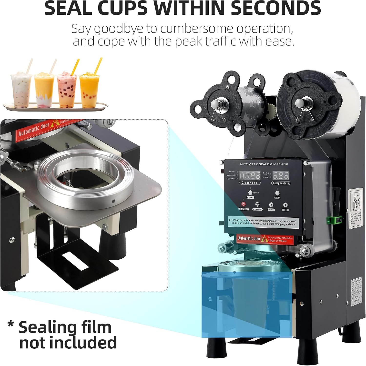 Fully Automatic Cup Sealing Machine - Seals 500-600 Cups/Hour, Compatible with 90/95mm Cups, Leak-Free Technology, Durable Carbon Steel, and Adjustable Tray for Versatile Use