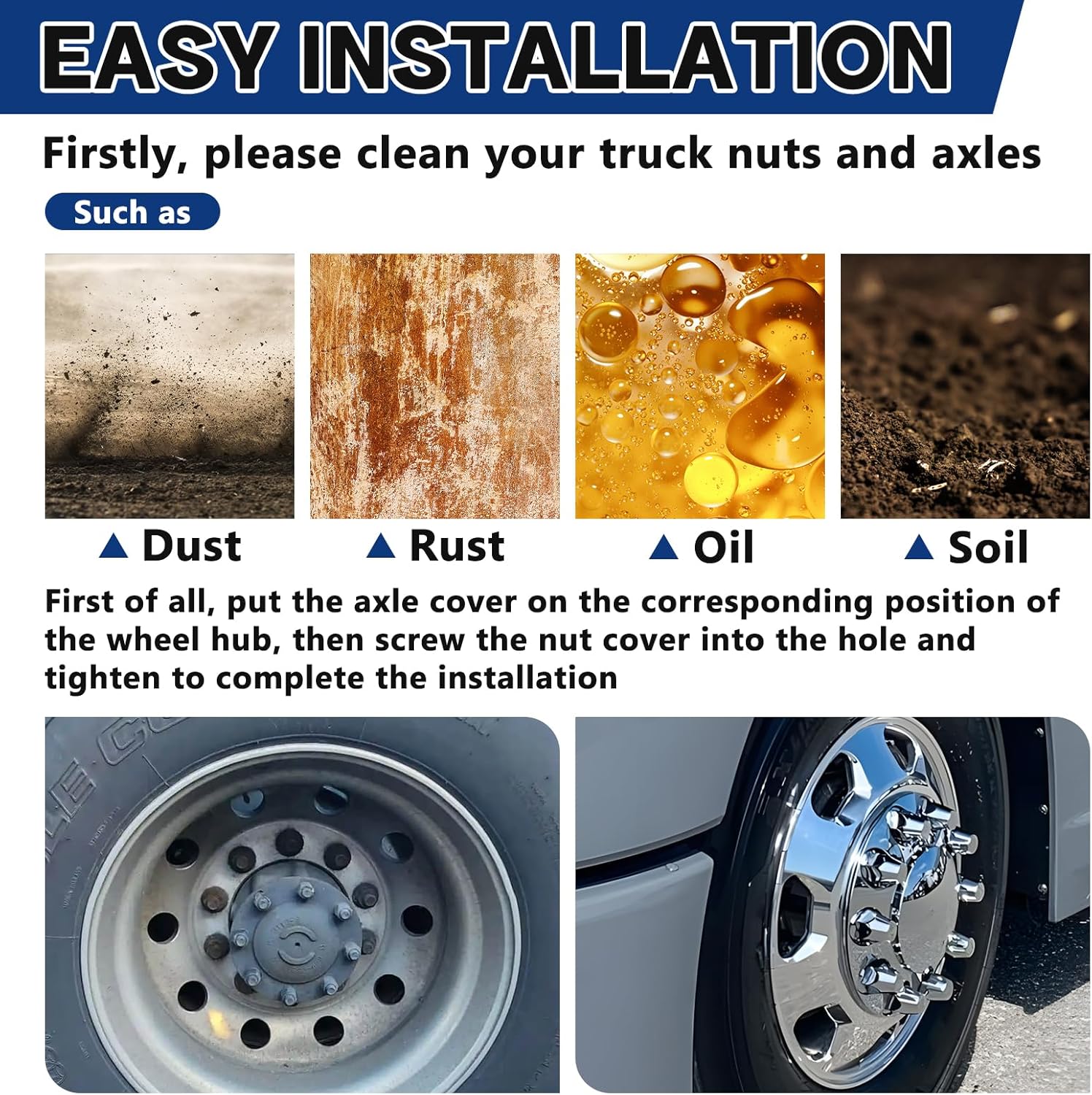 Spiked Complete Axle Wheel Cover Set with 33mm Thread-on Chrome Lug Nut Covers (2 Front+4 Rear)